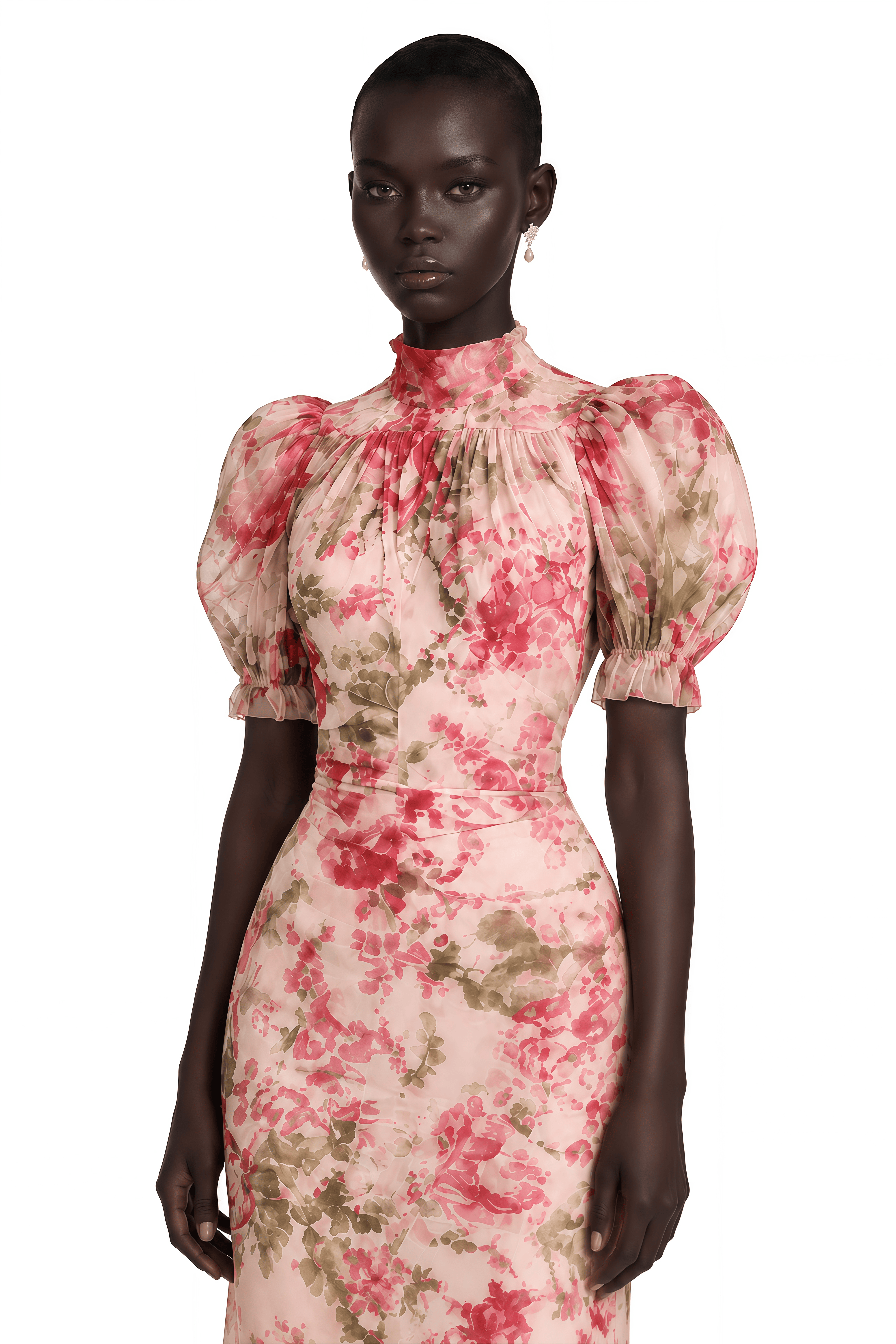 Rosalind Pink Mock Neck Puff Sleeve Floral Maxi Dress