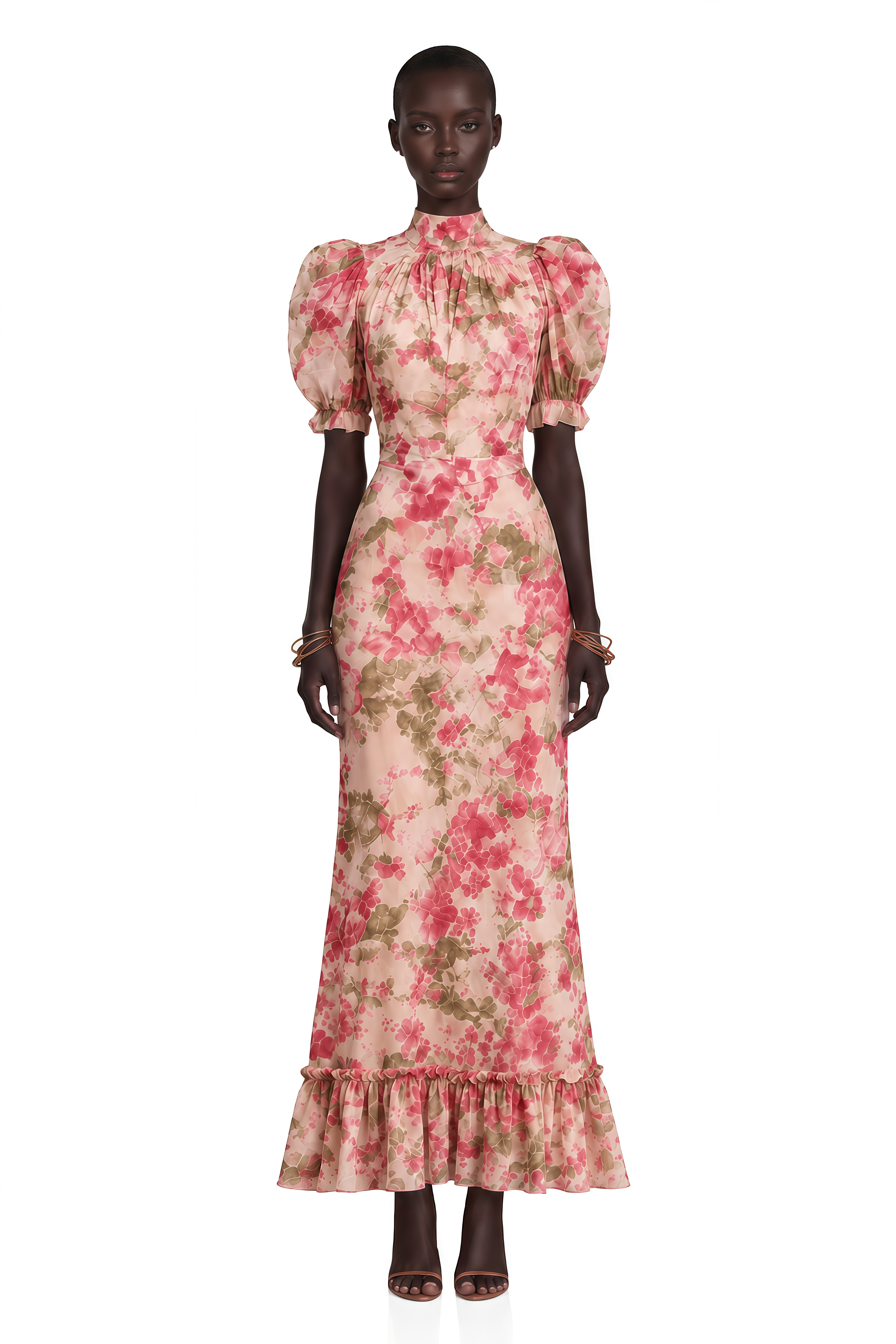 Rosalind Pink Mock Neck Puff Sleeve Floral Maxi Dress
