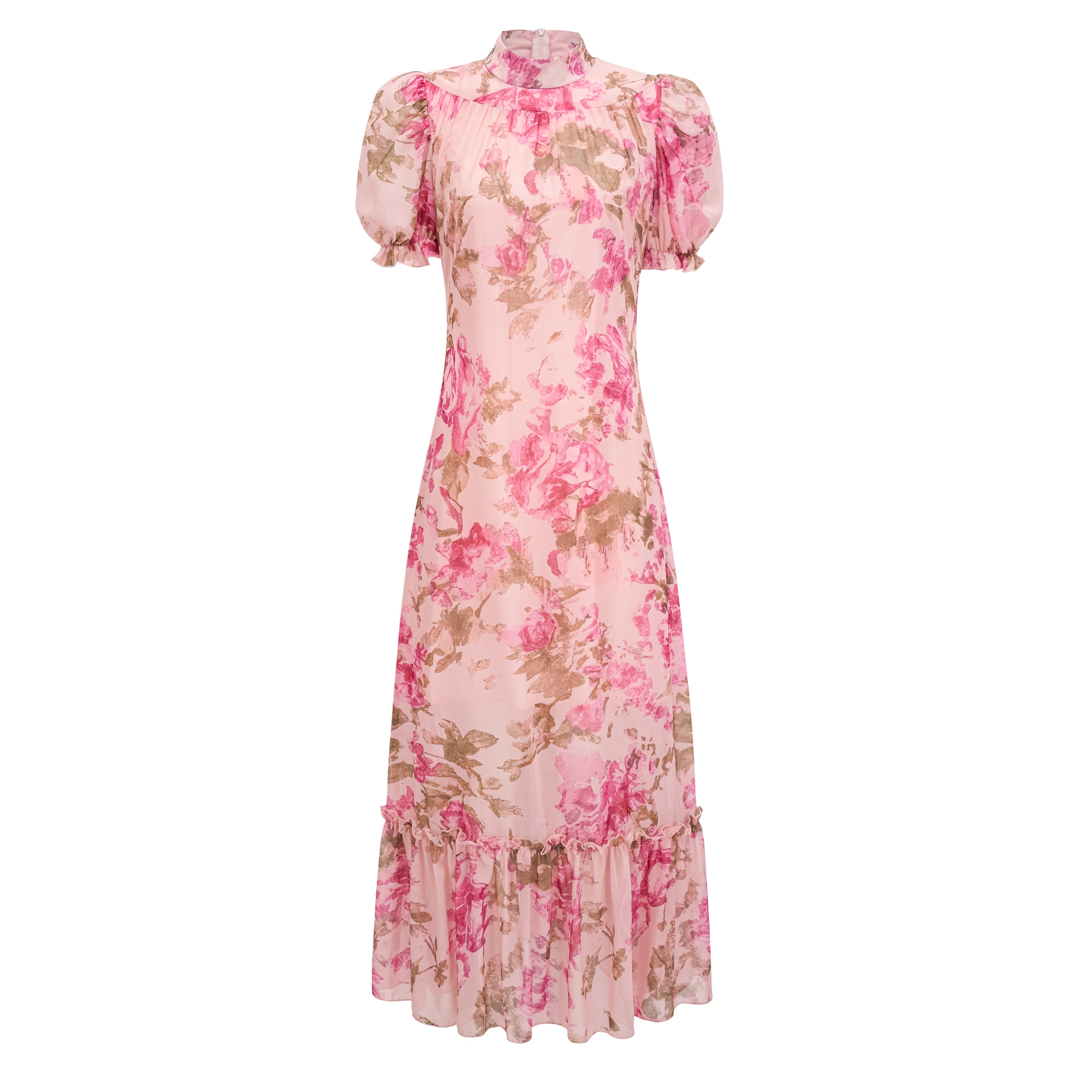 Rosalind Pink Mock Neck Puff Sleeve Floral Maxi Dress
