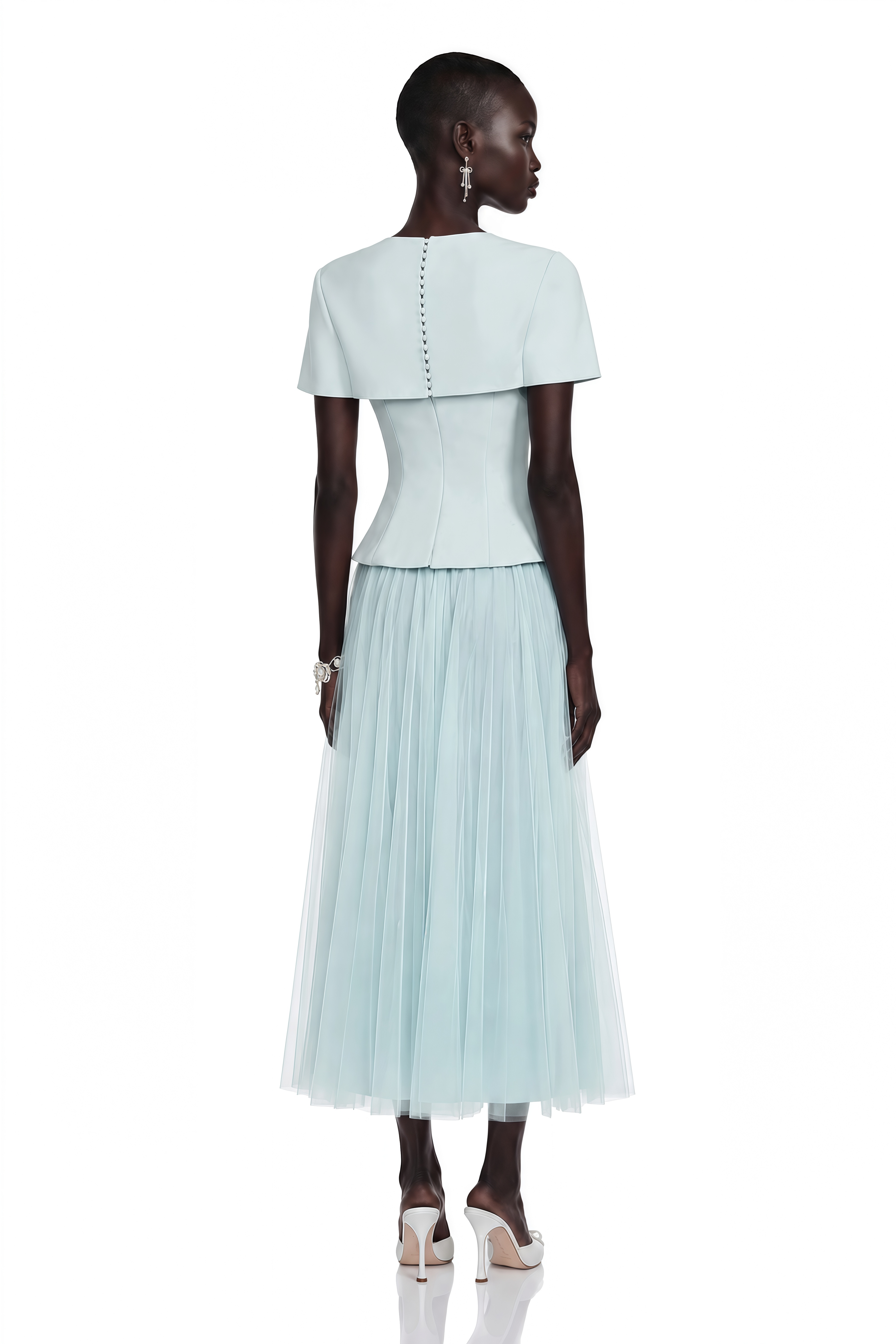 Rosalind Blue Floral Top & Mesh Skirt Set with Cape