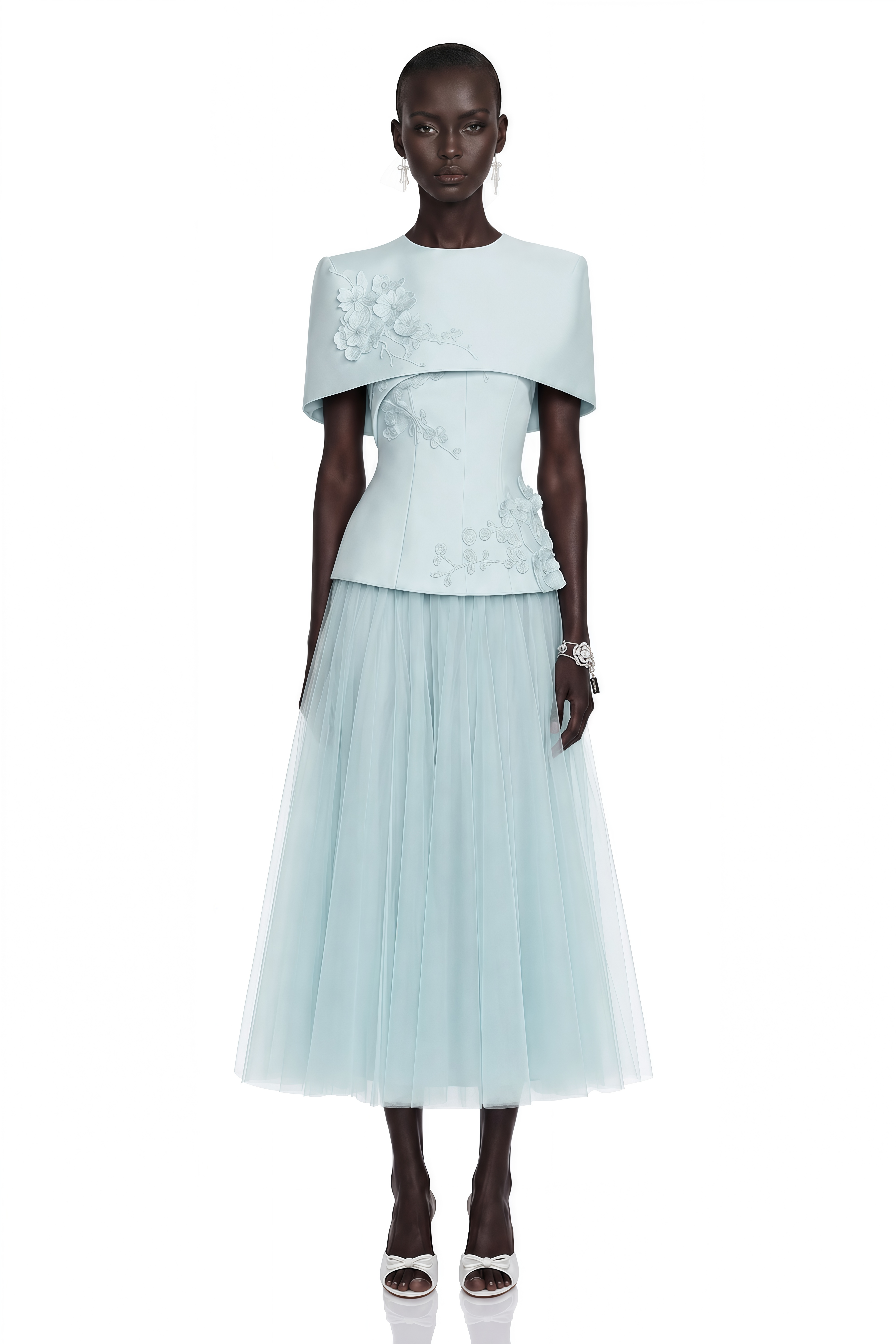Rosalind Blue Floral Top & Mesh Skirt Set with Cape