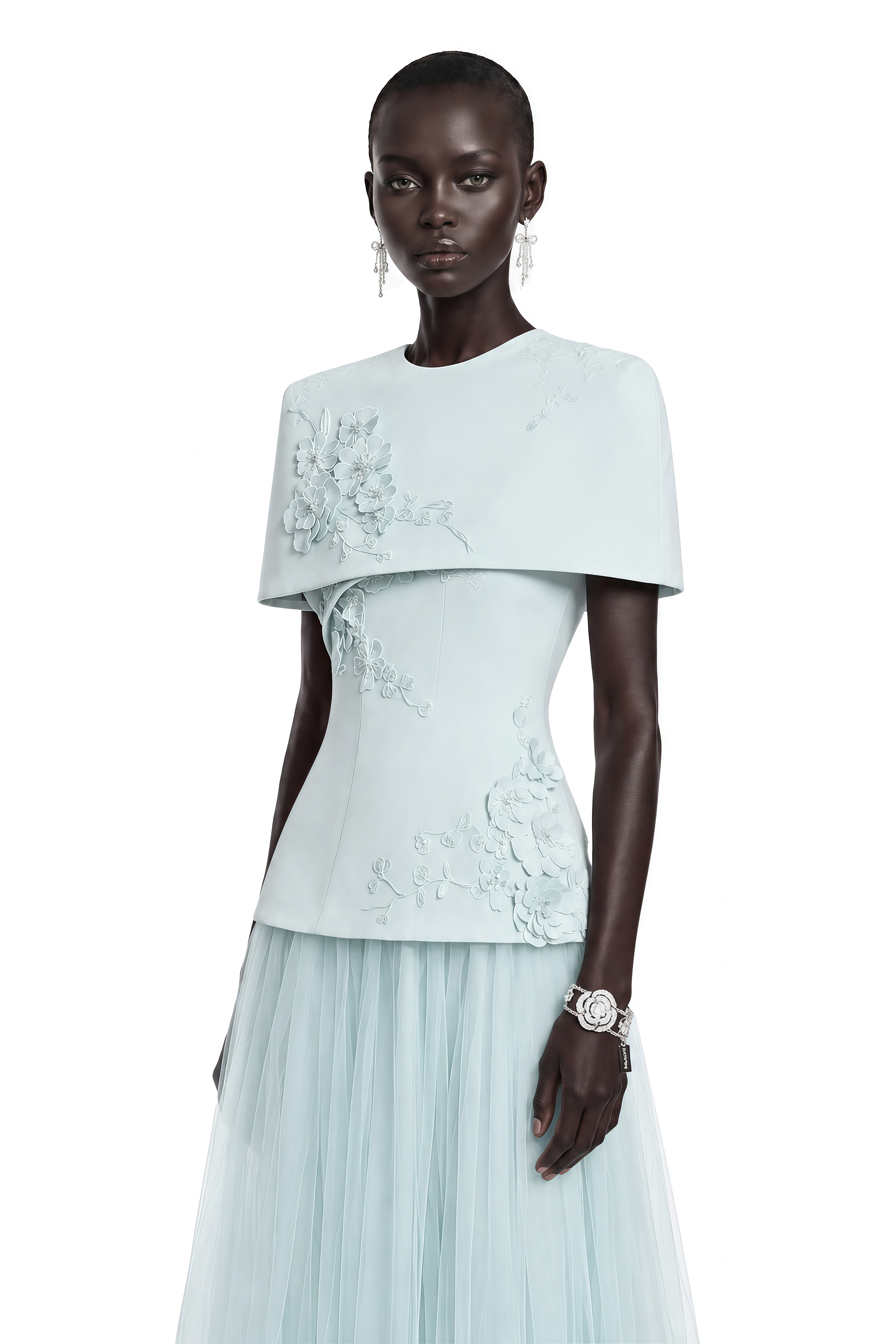 Rosalind Blue Floral Top & Mesh Skirt Set with Cape