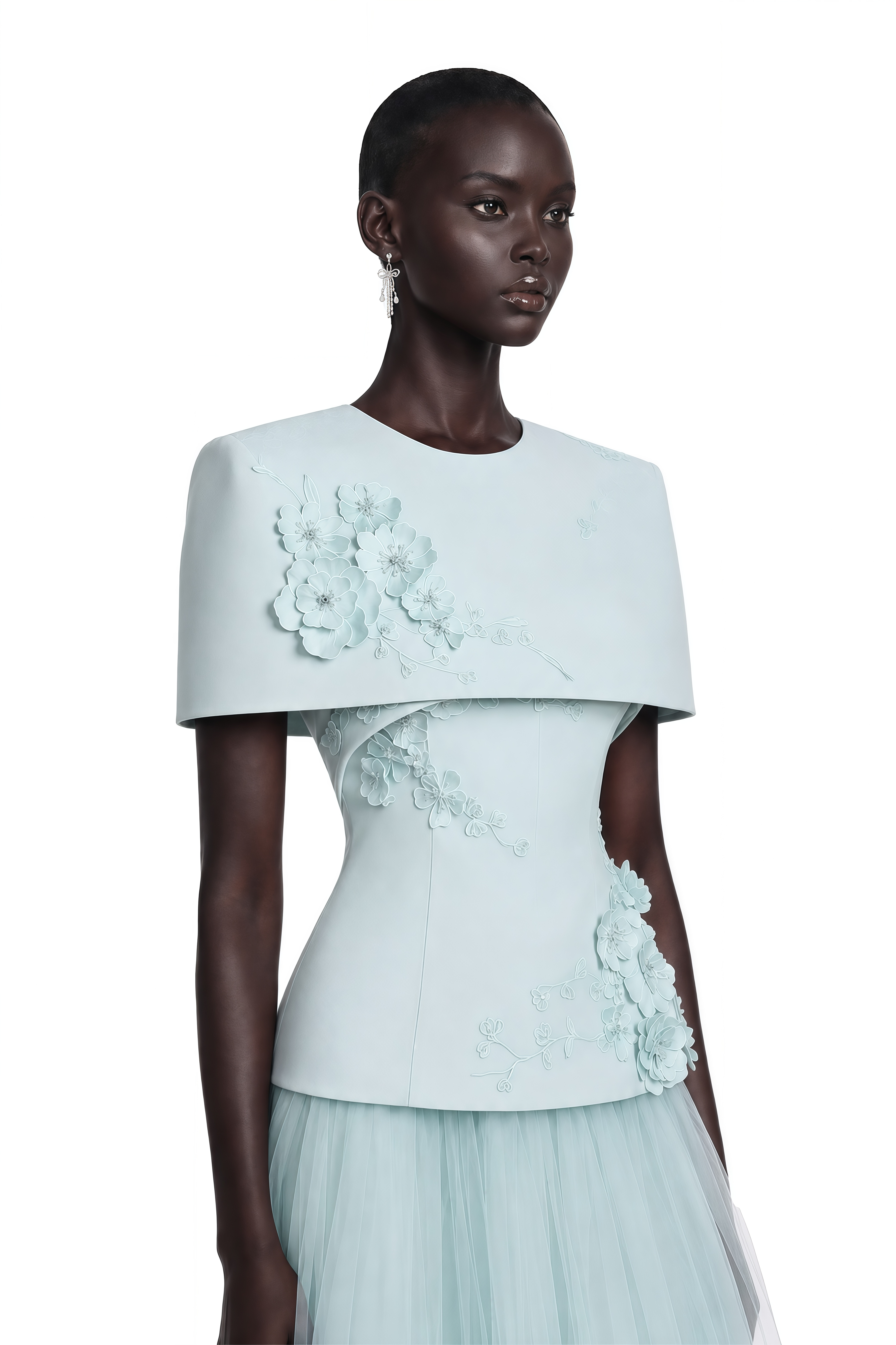 Rosalind Blue Floral Top & Mesh Skirt Set with Cape