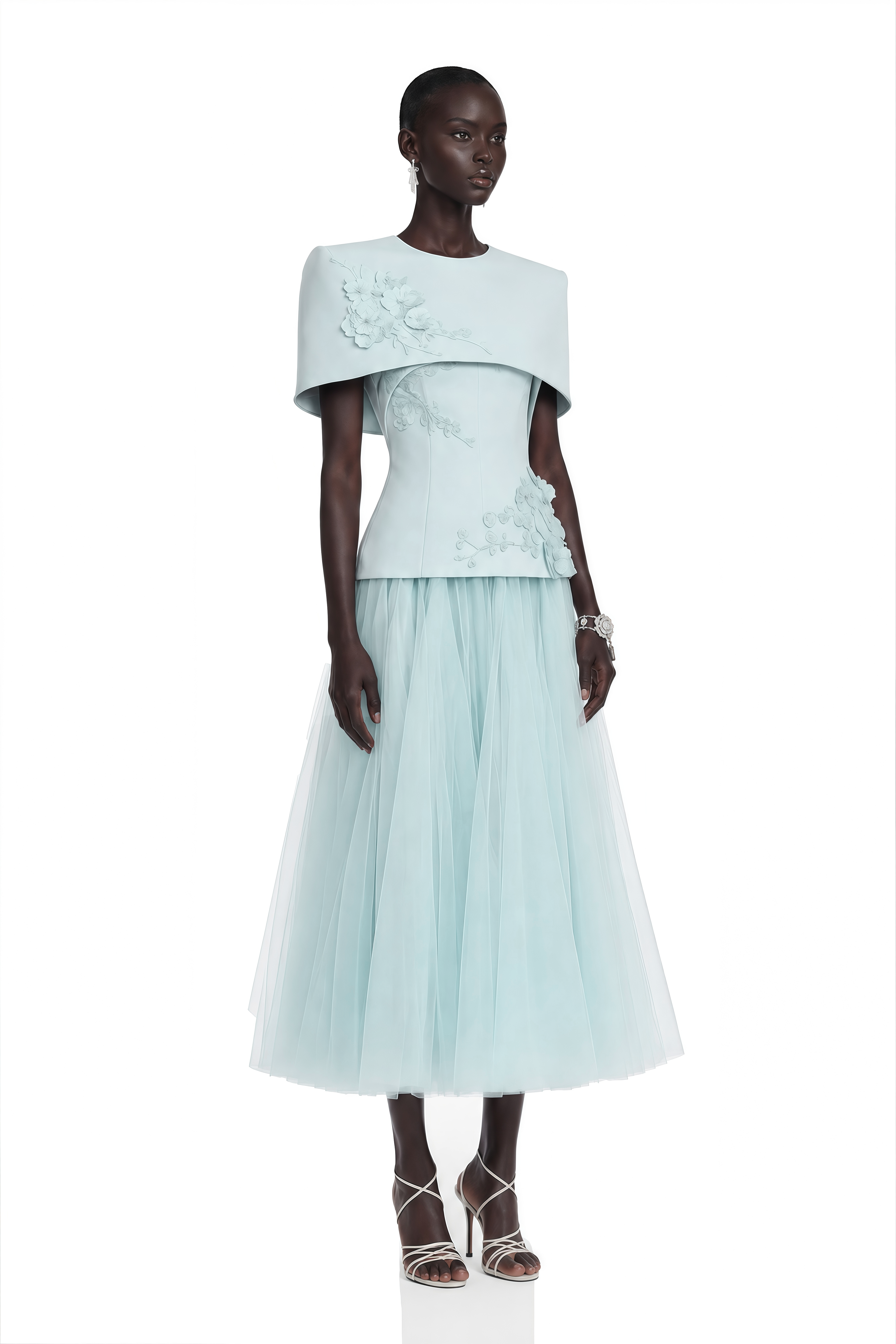 Rosalind Blue Floral Top & Mesh Skirt Set with Cape