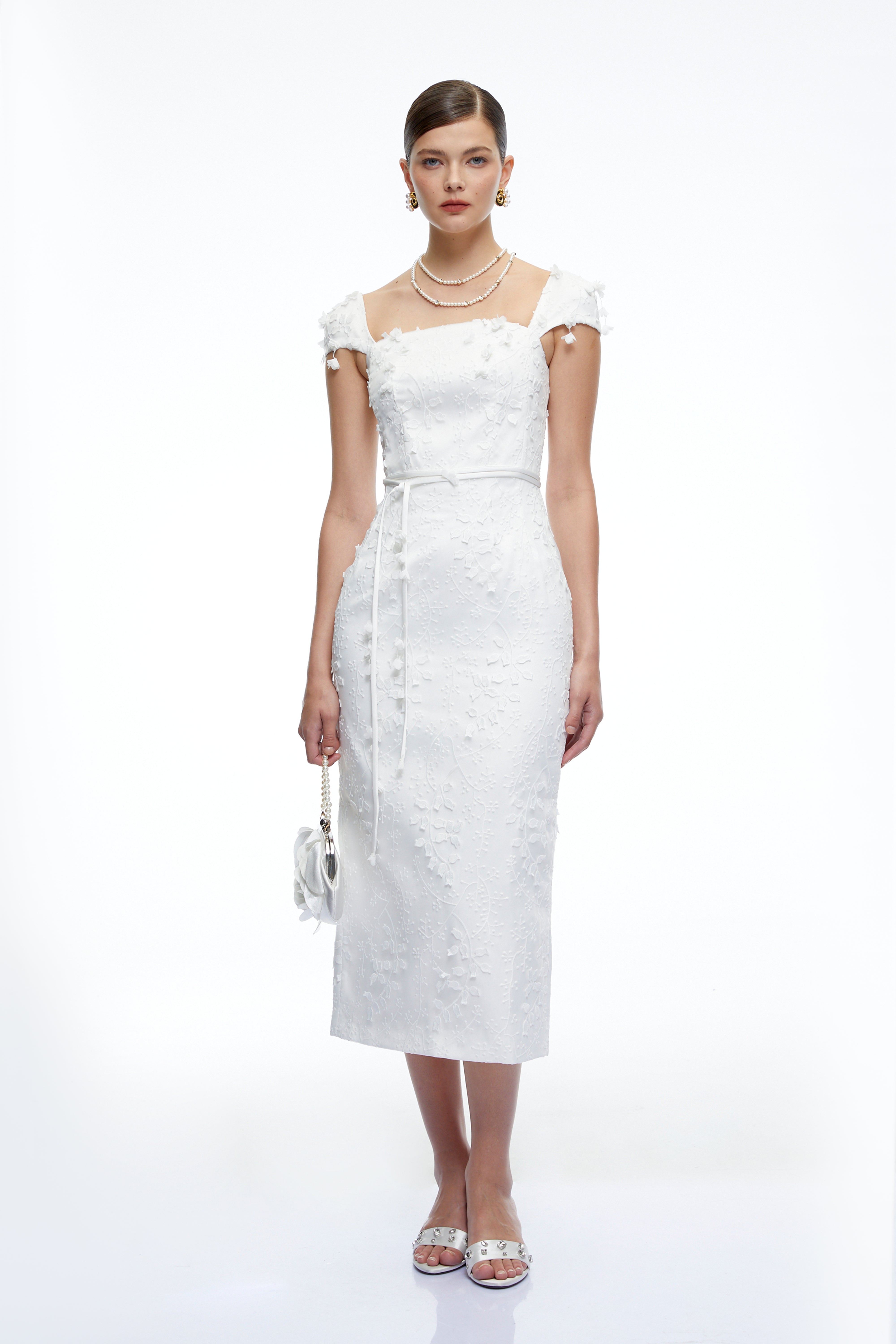 Rosalind White Bodycon Midi Dress with 3D Florals