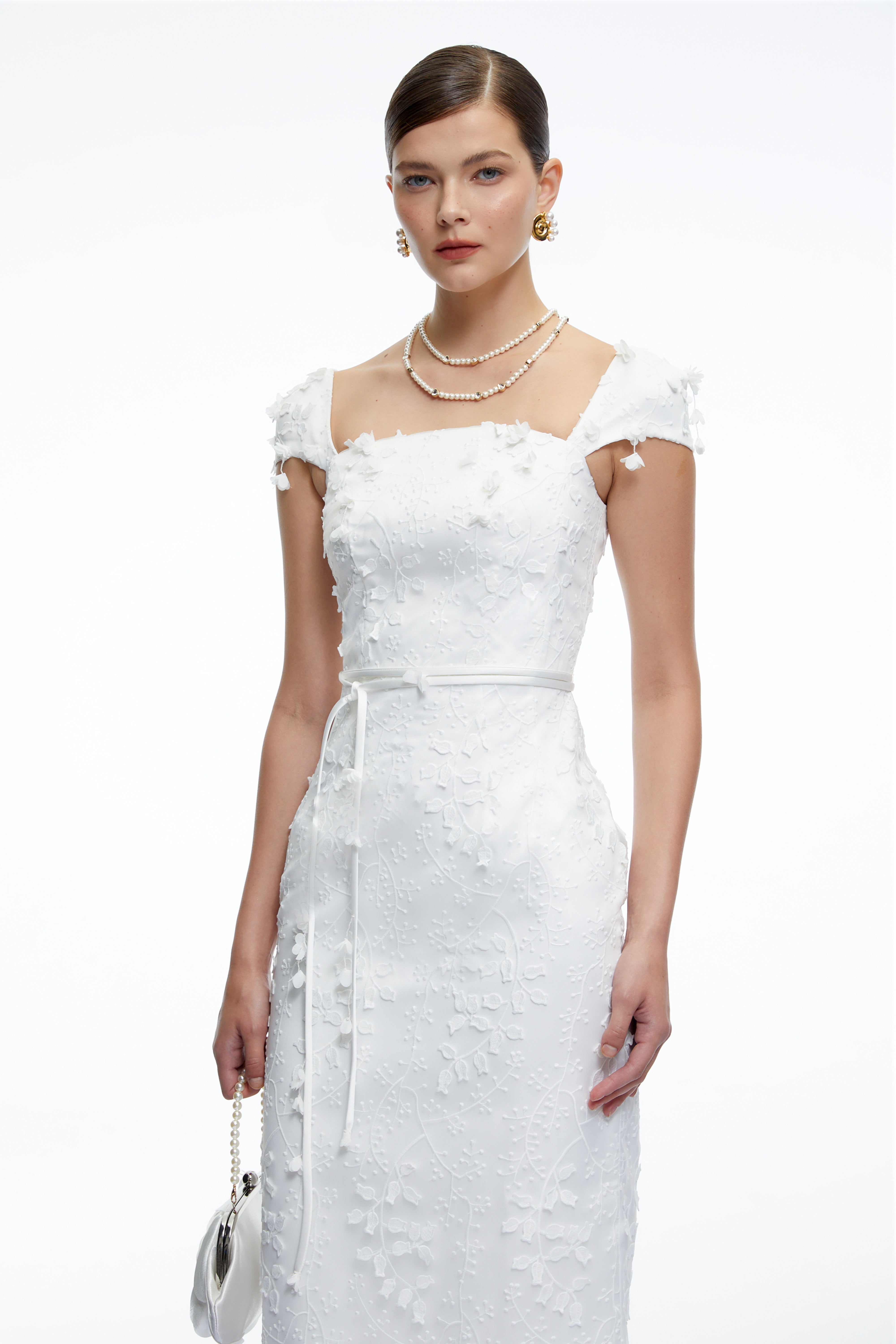 Rosalind White Bodycon Midi Dress with 3D Florals
