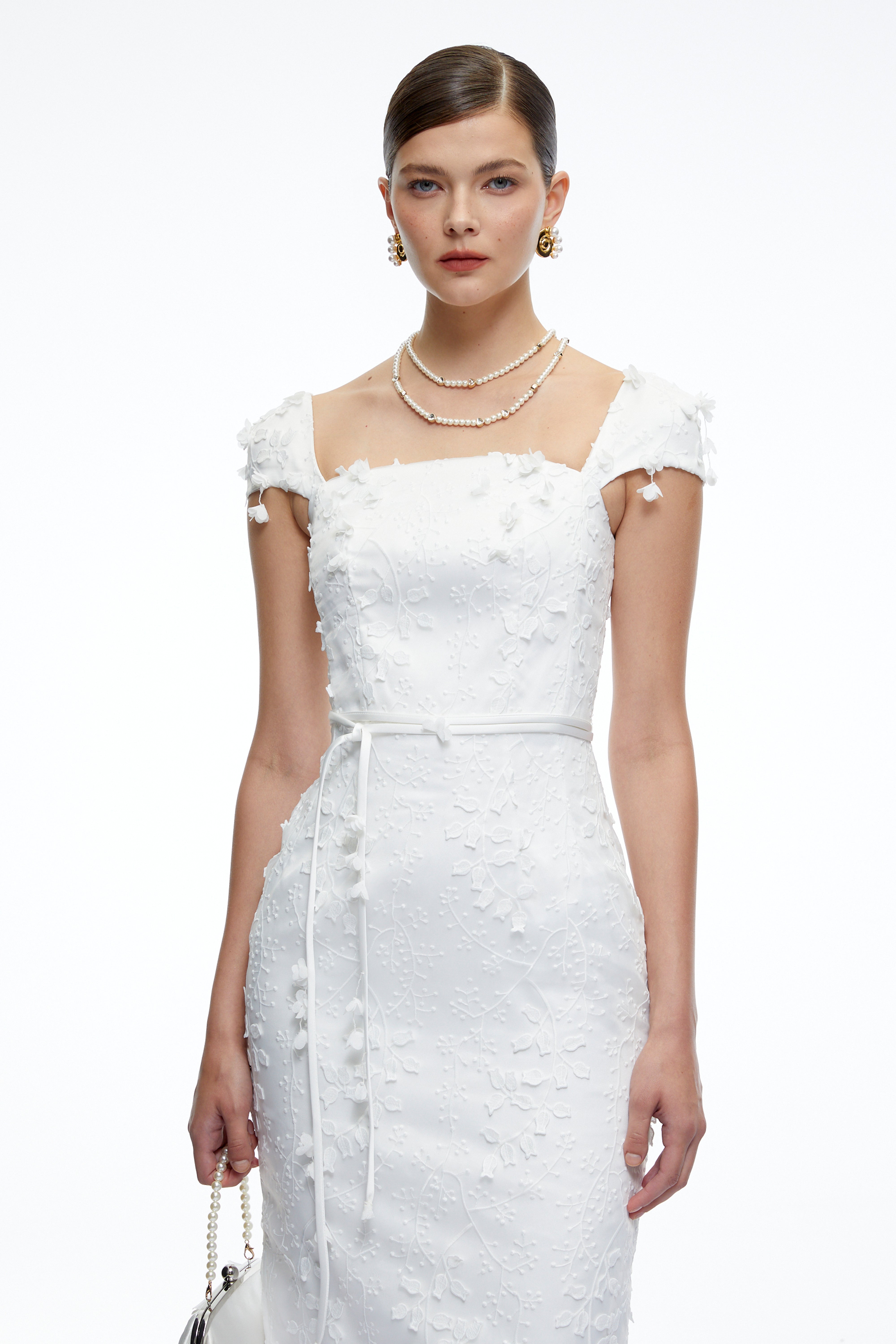 Rosalind White Bodycon Midi Dress with 3D Florals