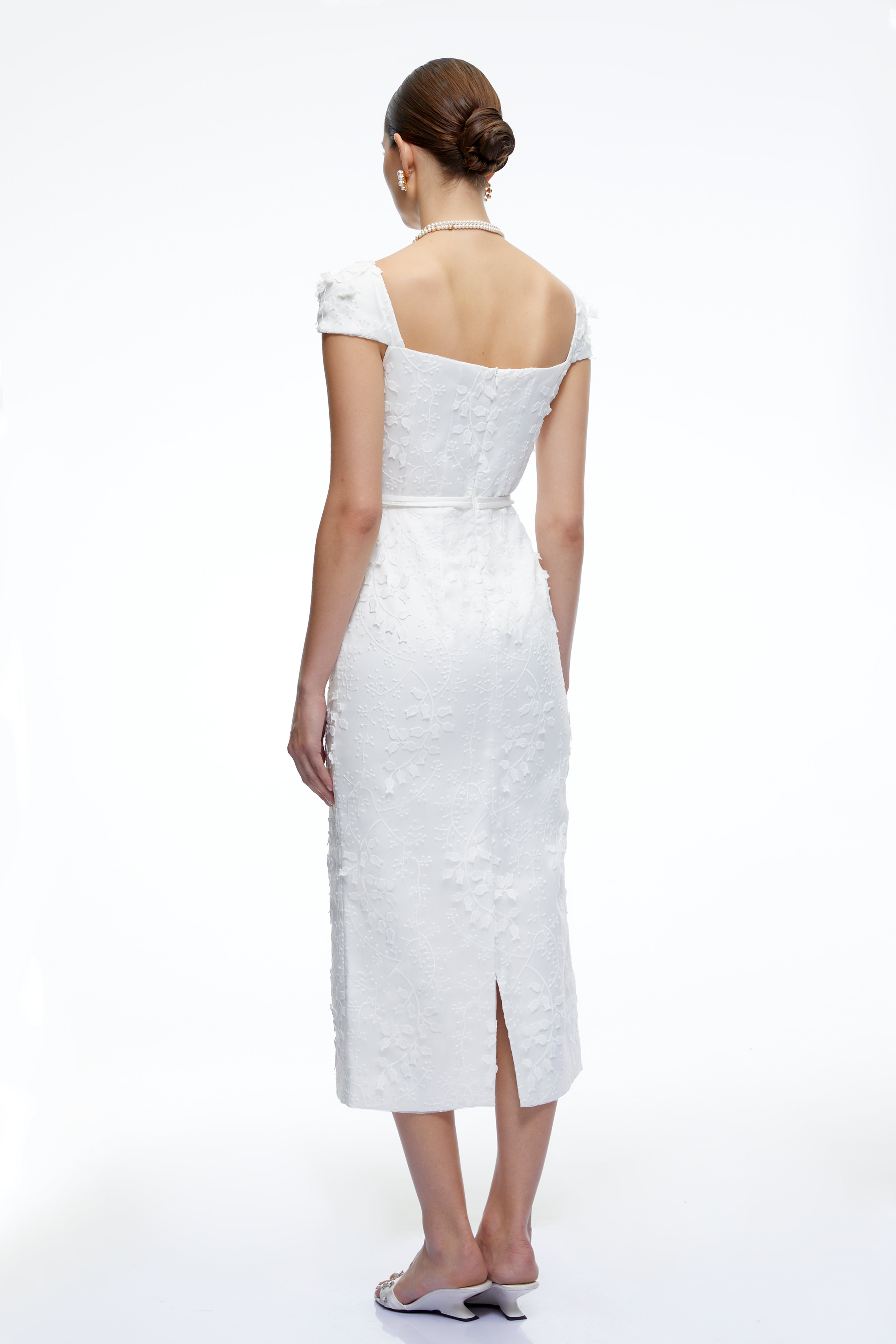 Rosalind White Bodycon Midi Dress with 3D Florals
