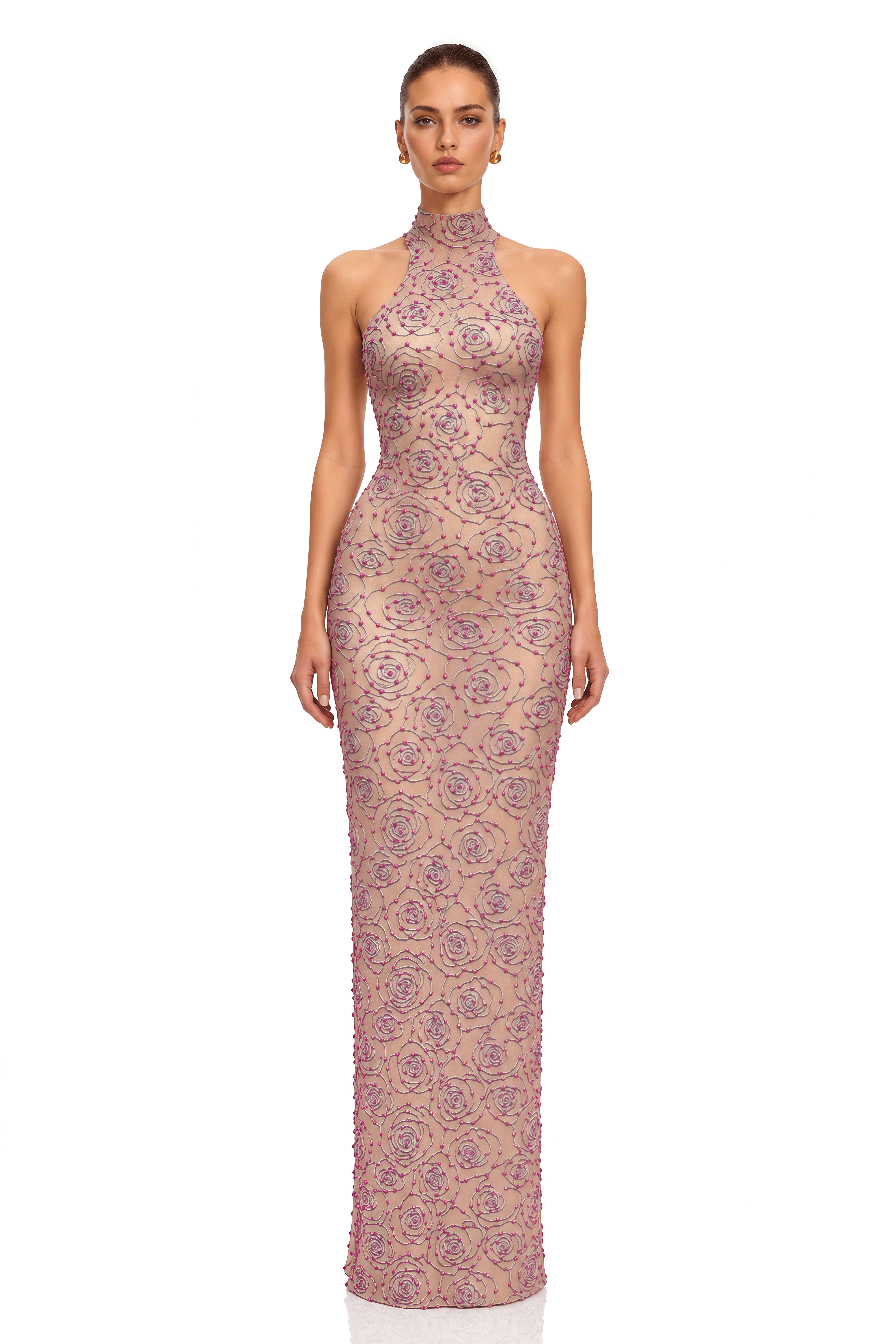Rosamelle Pink Rose Embellished Halterneck Maxi Dress
