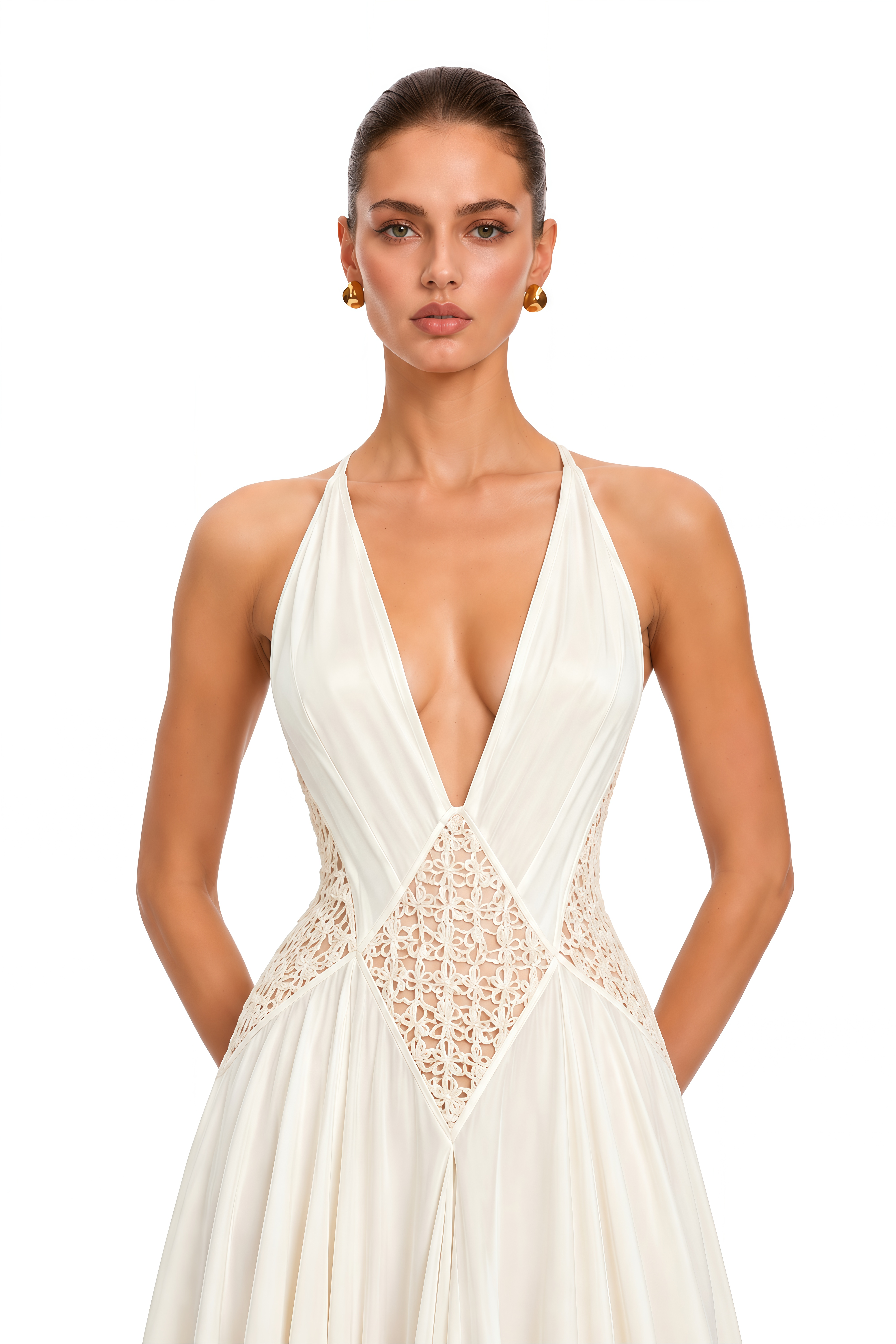 Rosella Beige Plunging V-Neck Cut-Out Maxi Dress
