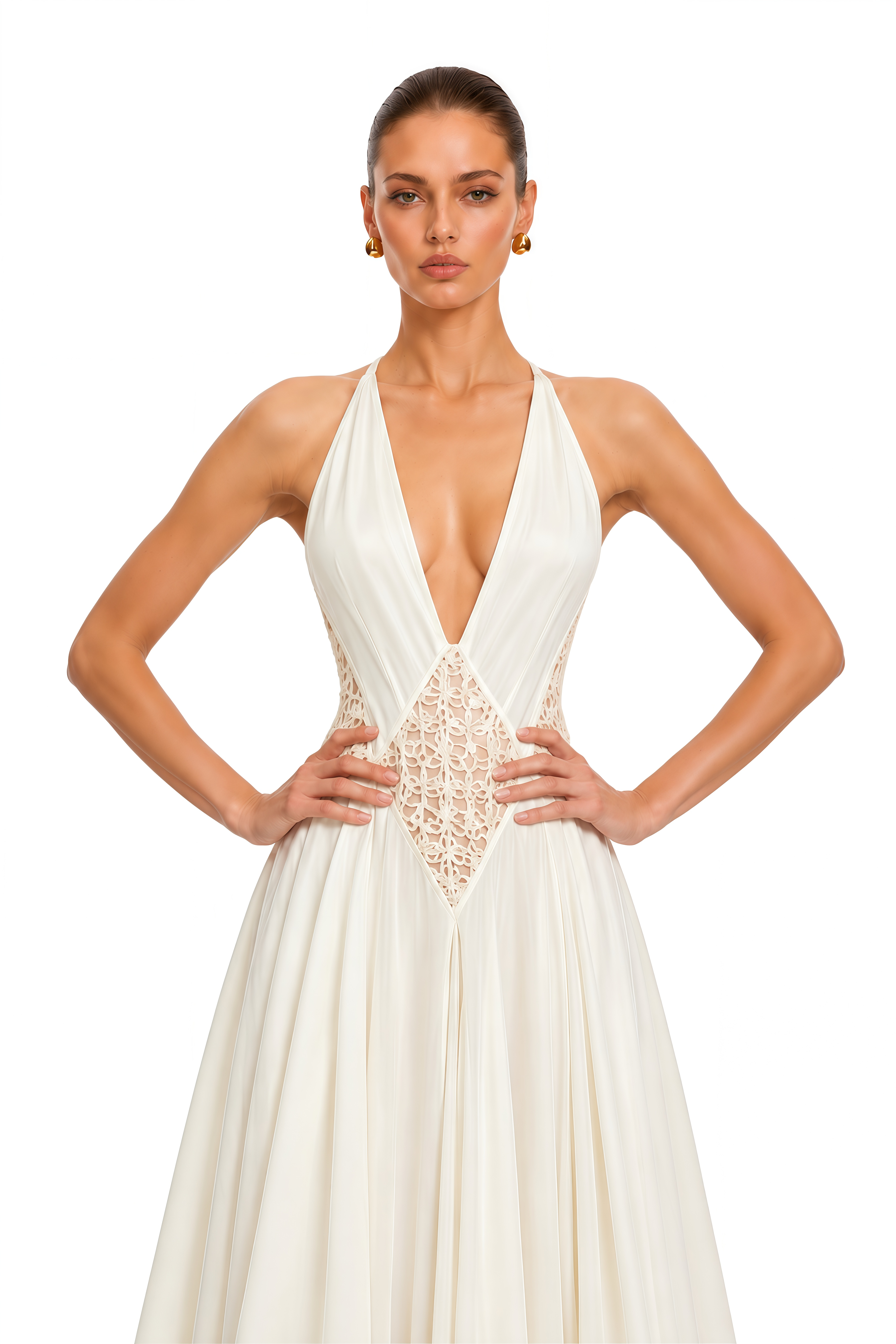 Rosella Beige Plunging V-Neck Cut-Out Maxi Dress