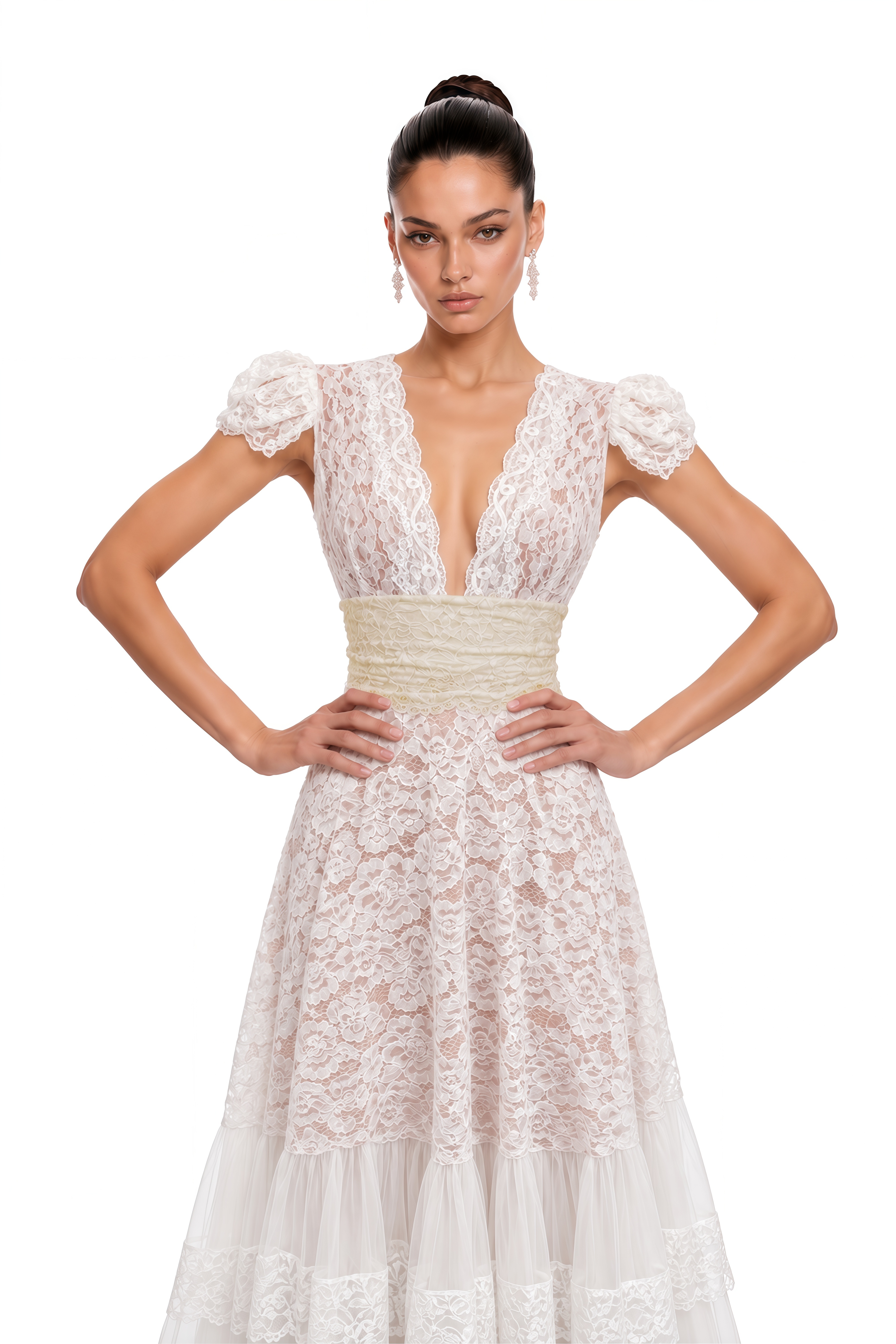 Roselyn Ivory Plunge Lace Tiered Maxi Dress