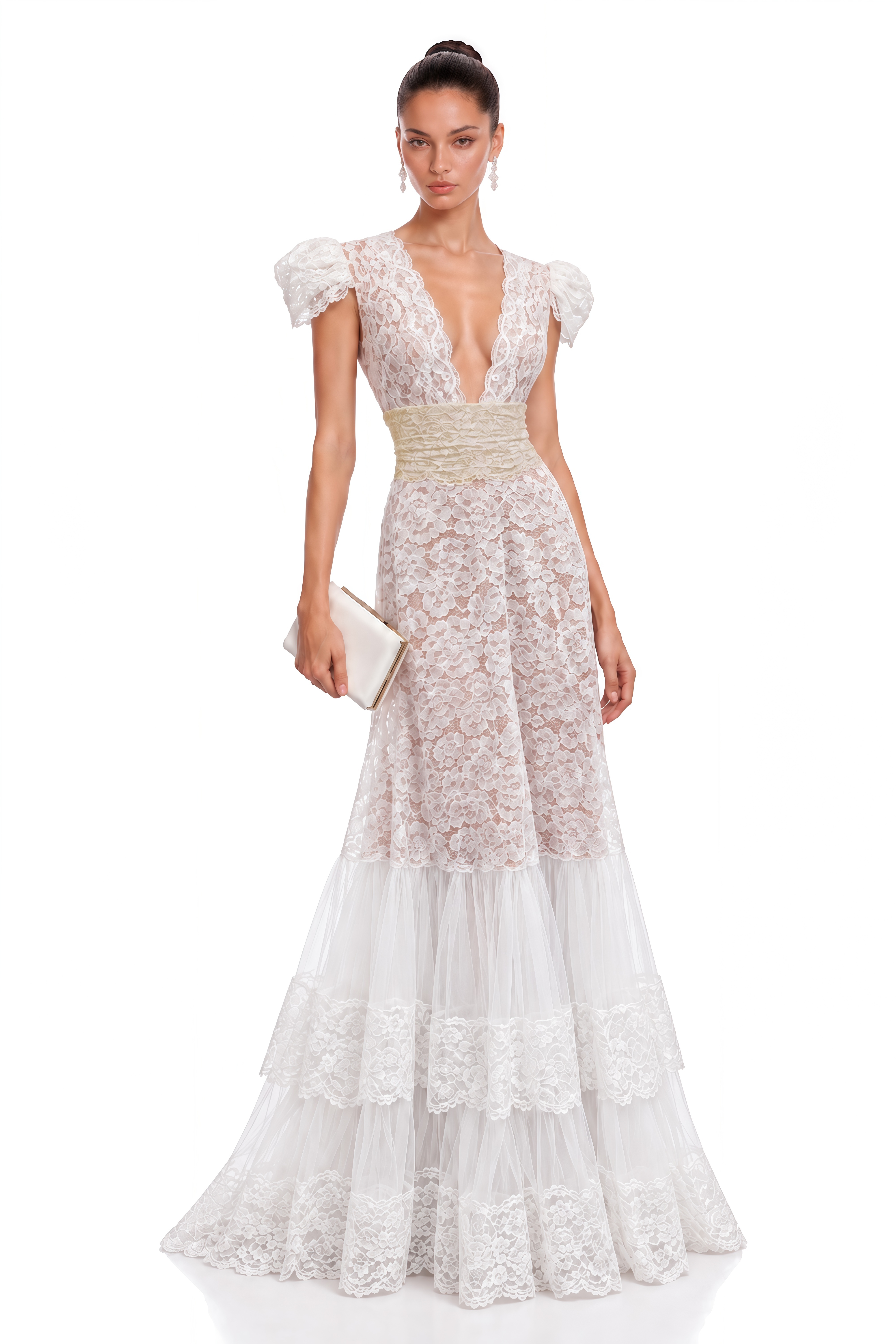 Roselyn Ivory Plunge Lace Tiered Maxi Dress