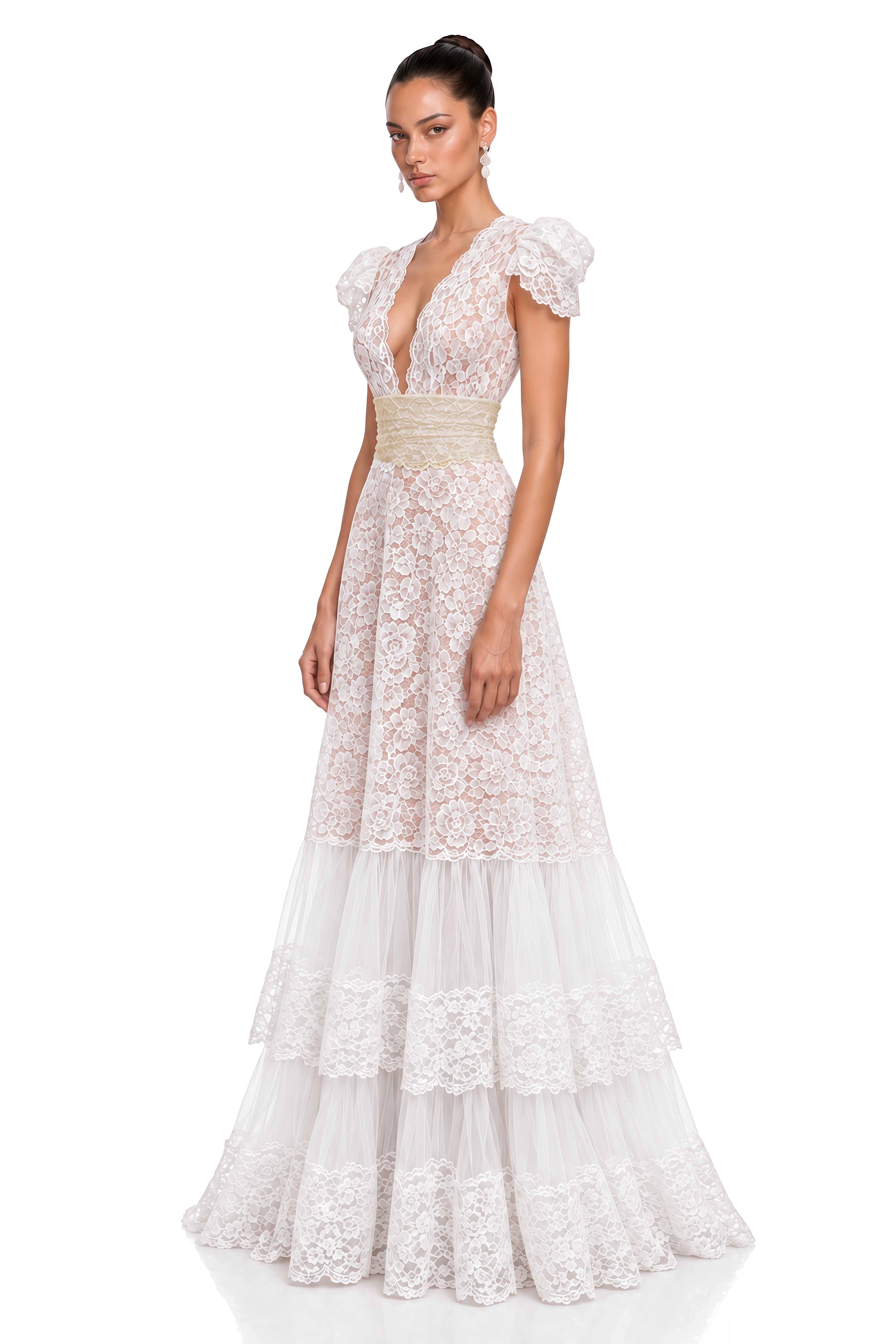 Roselyn Ivory Plunge Lace Tiered Maxi Dress