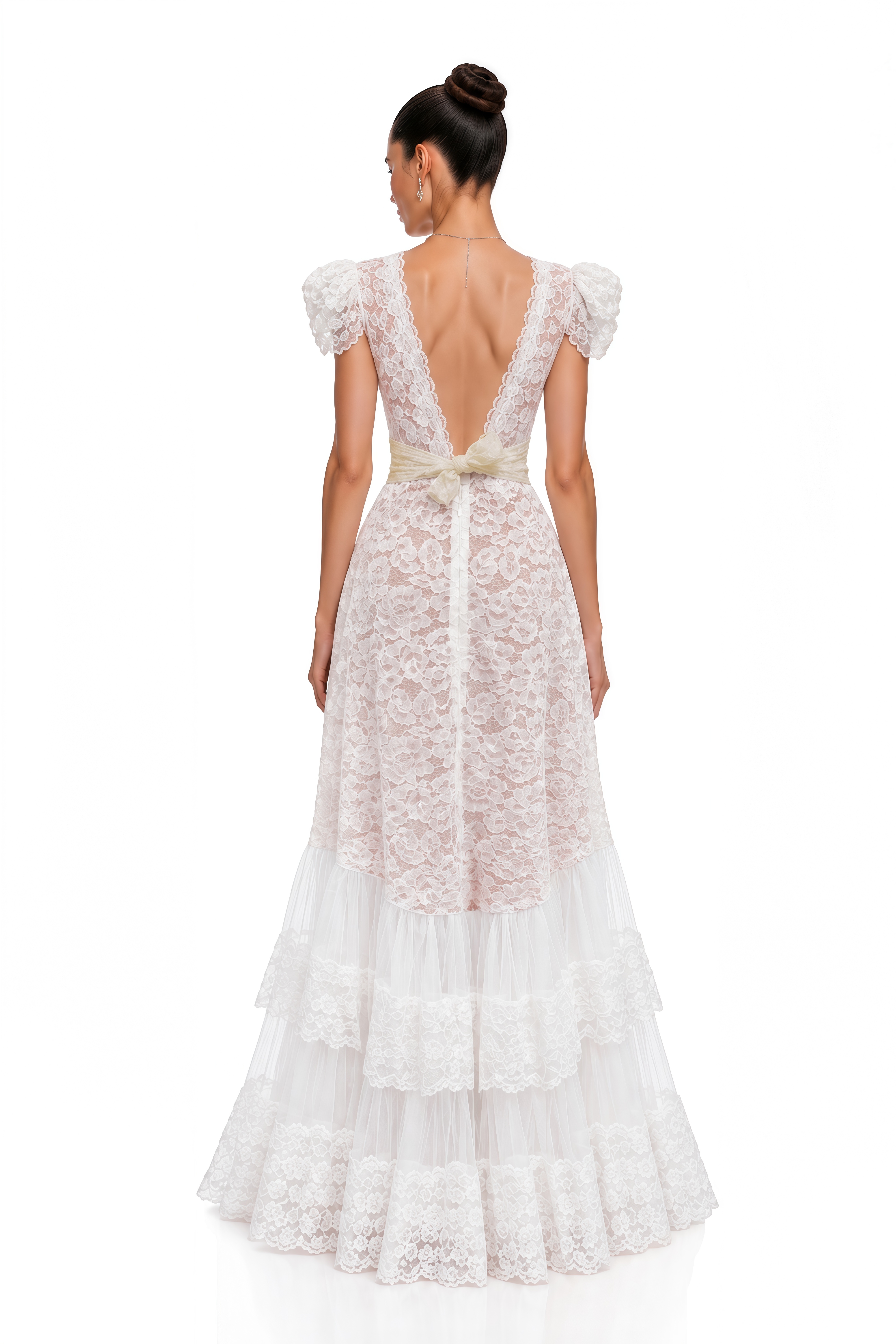 Roselyn Ivory Plunge Lace Tiered Maxi Dress