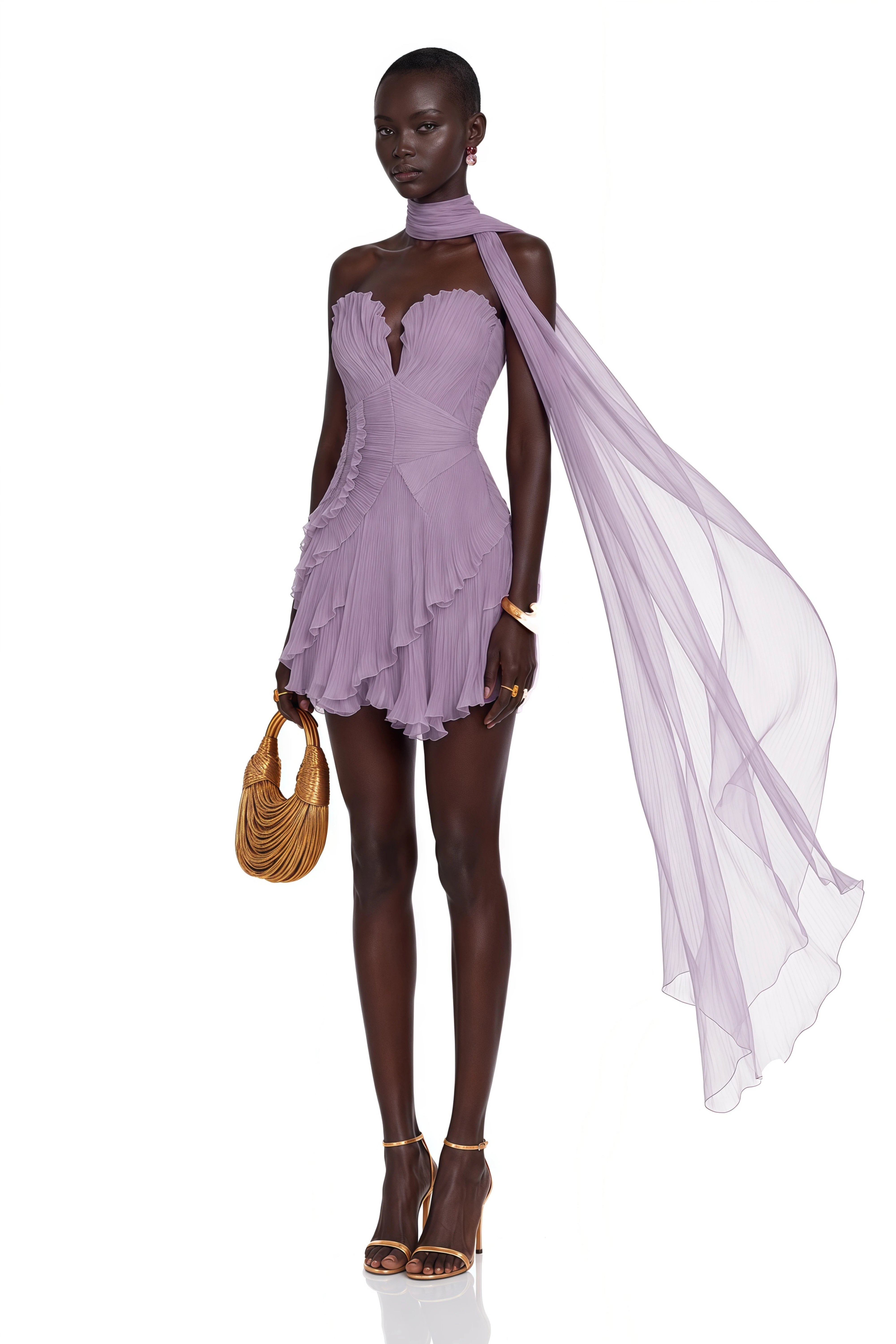 Rosemary Purple Pleated Mini Dress with Scarf