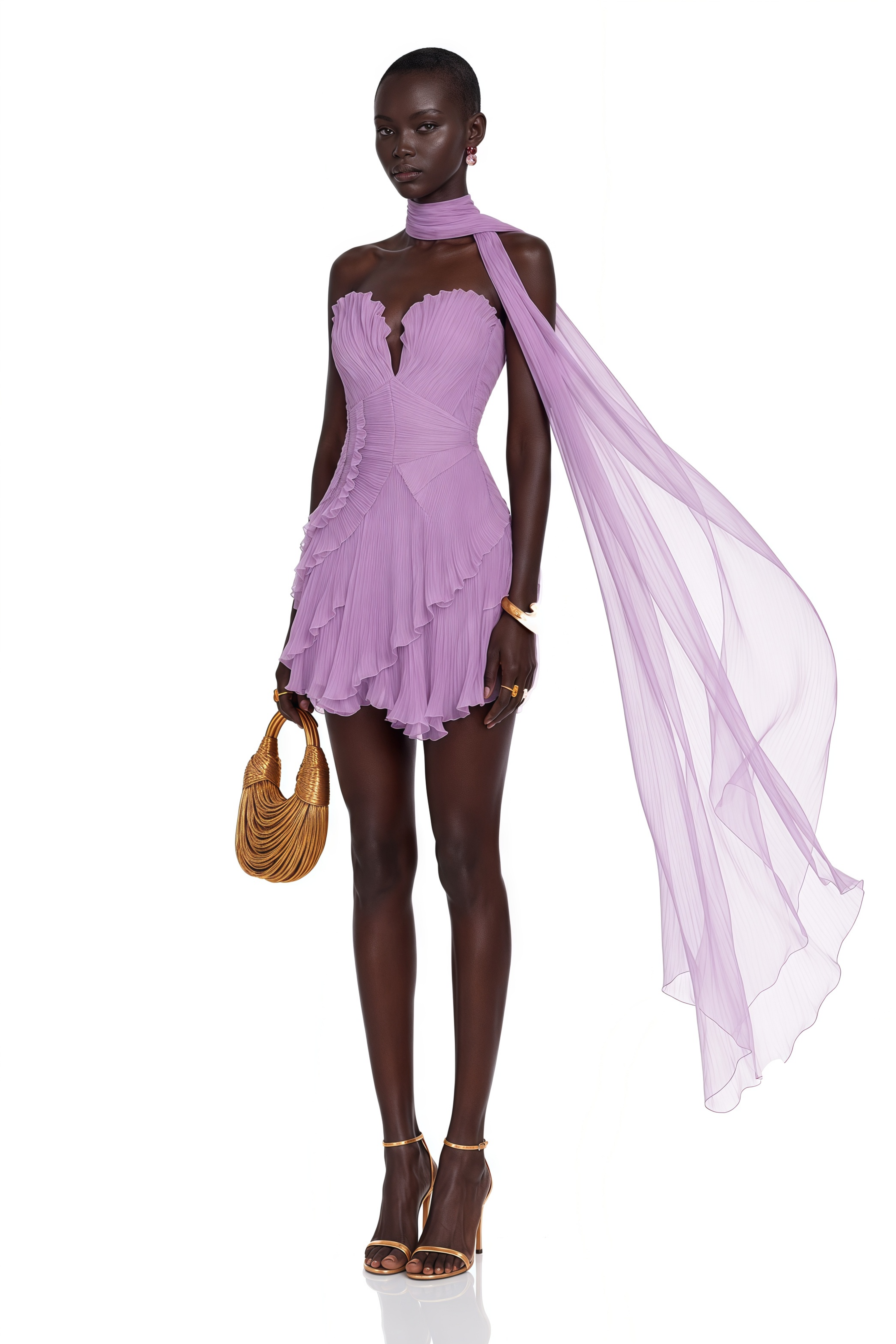 Rosemary Purple Pleated Mini Dress with Scarf