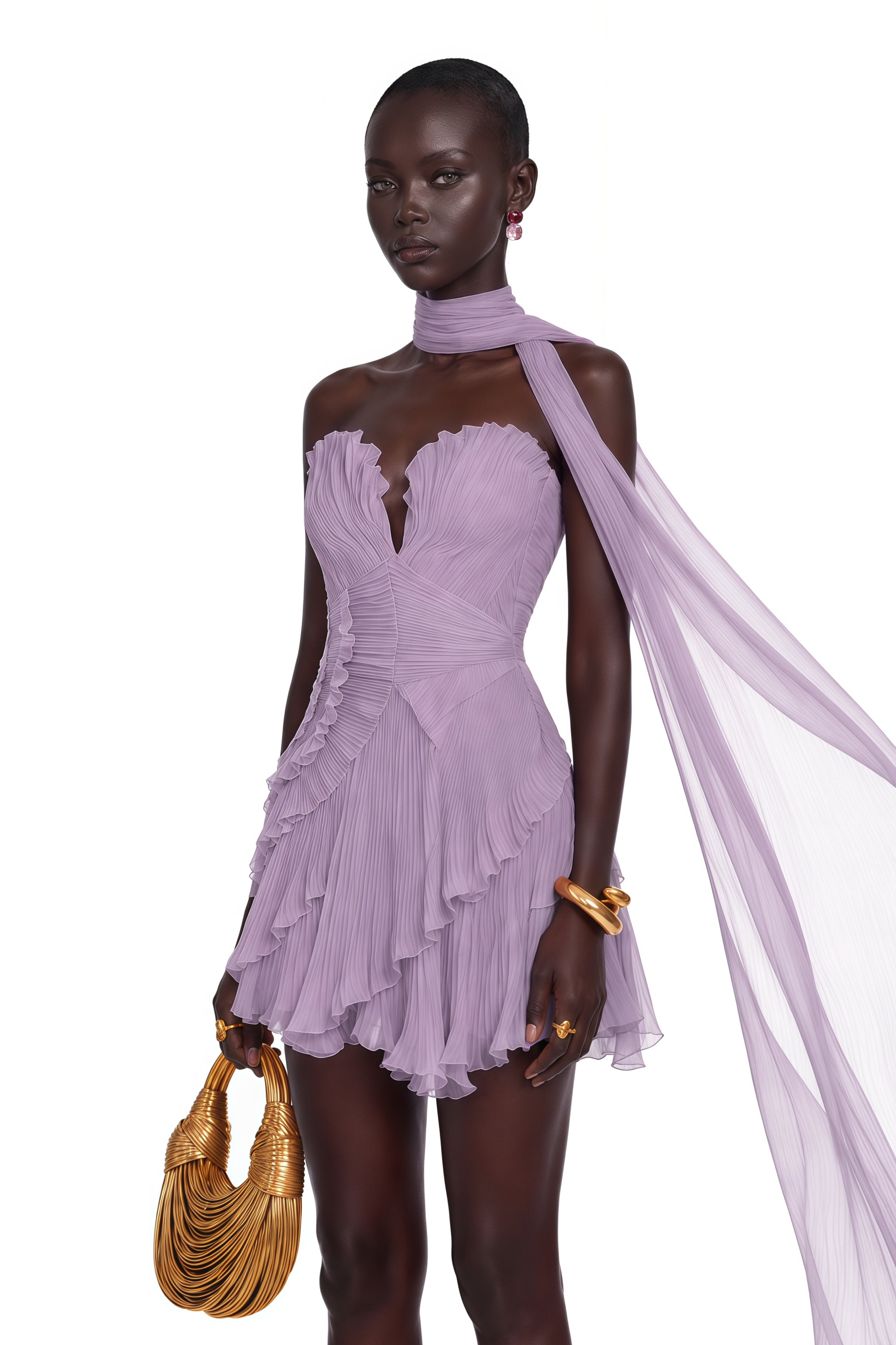 Rosemary Purple Pleated Mini Dress with Scarf