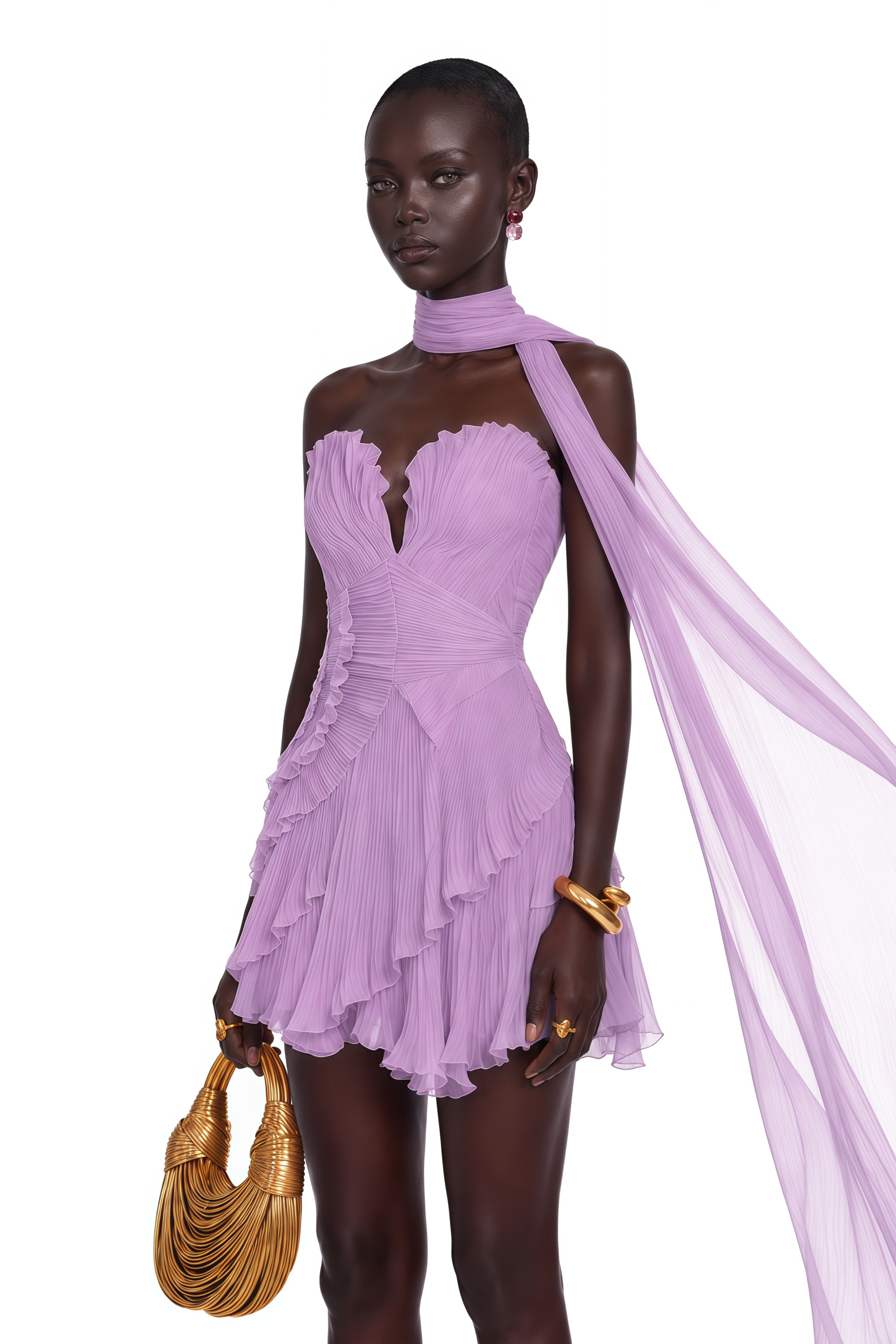 Rosemary Purple Pleated Mini Dress with Scarf