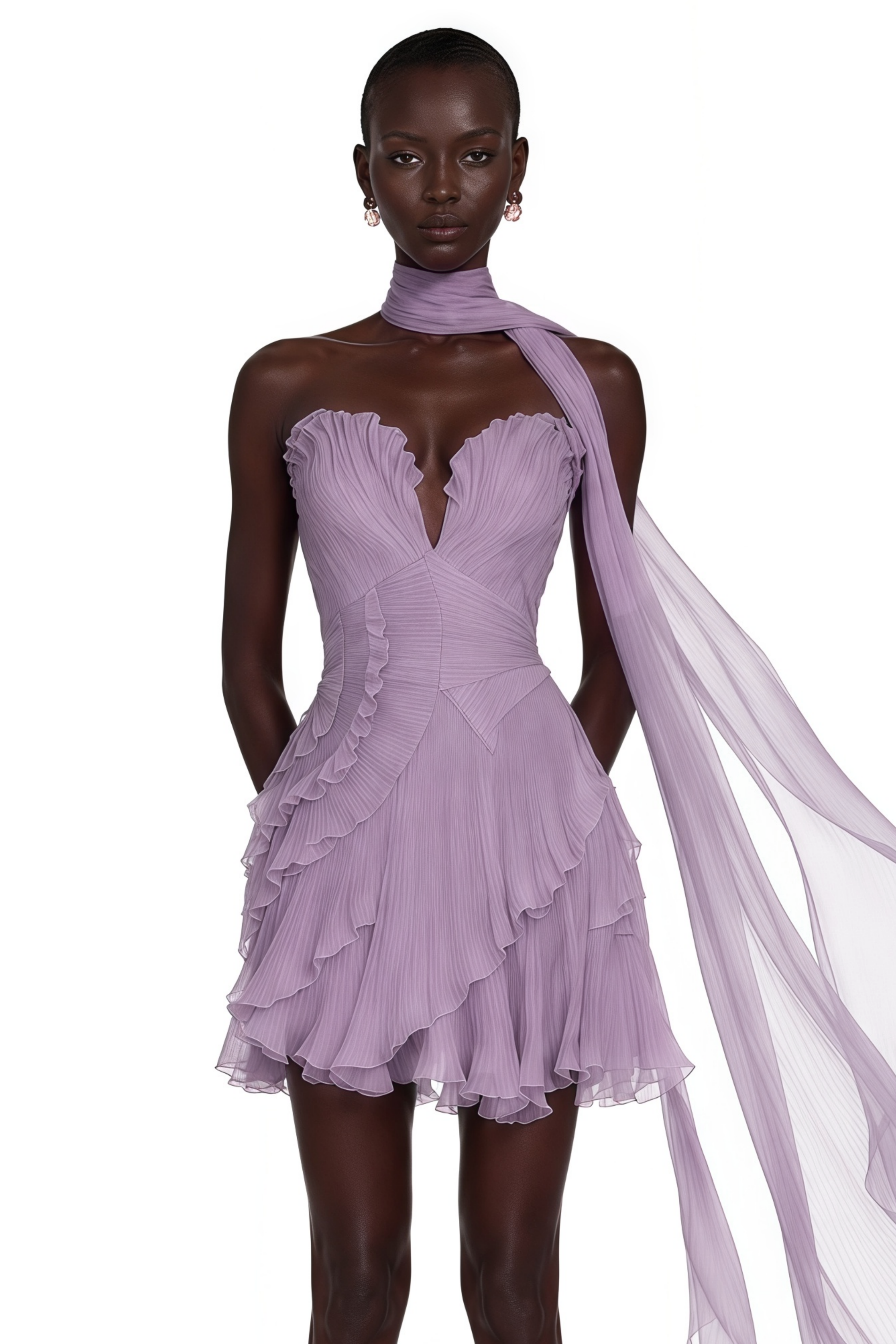 Rosemary Purple Pleated Mini Dress with Scarf