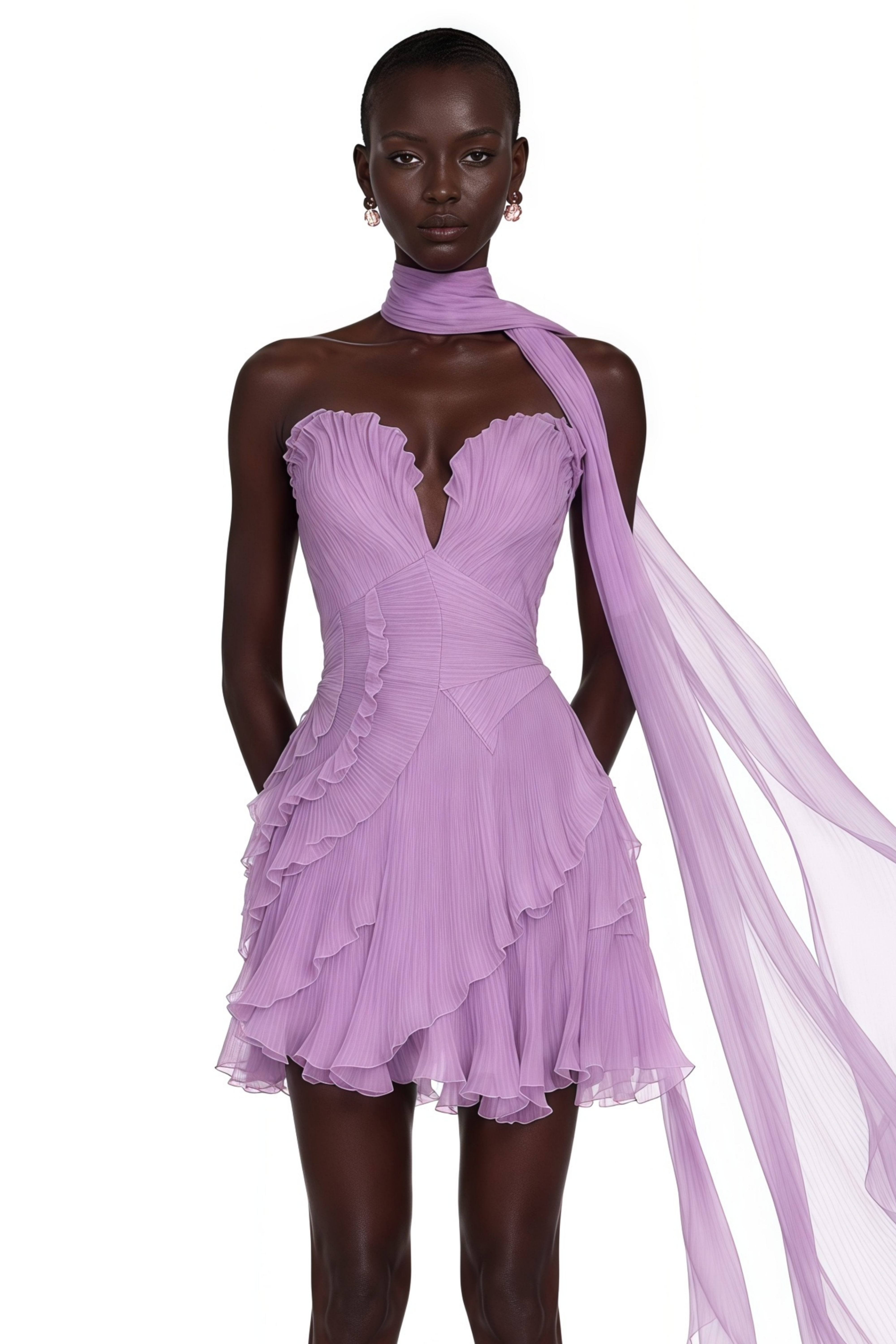 Rosemary Purple Pleated Mini Dress with Scarf