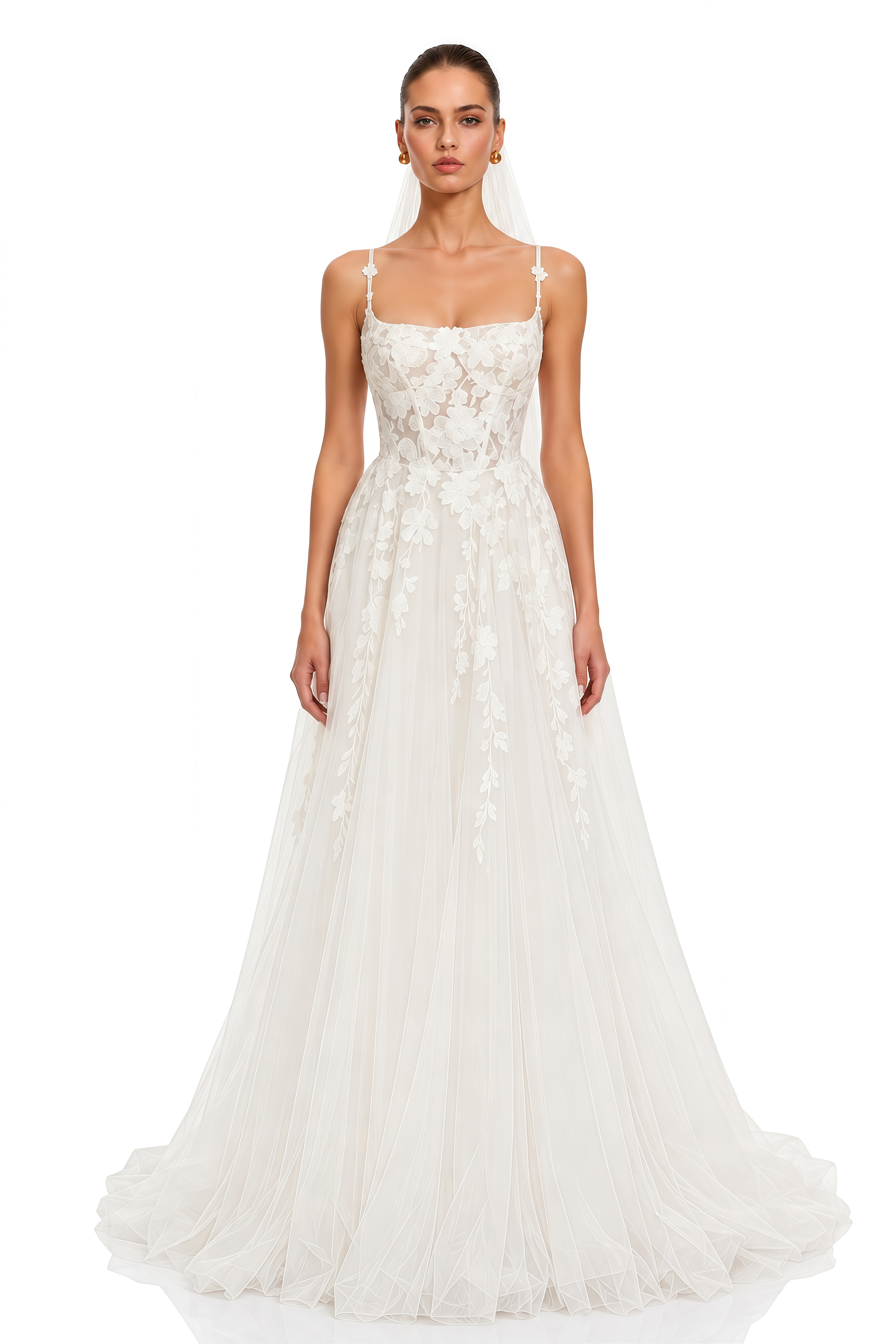 Rosine White Floral Appliqué Spaghetti Strap Tulle Maxi Dress