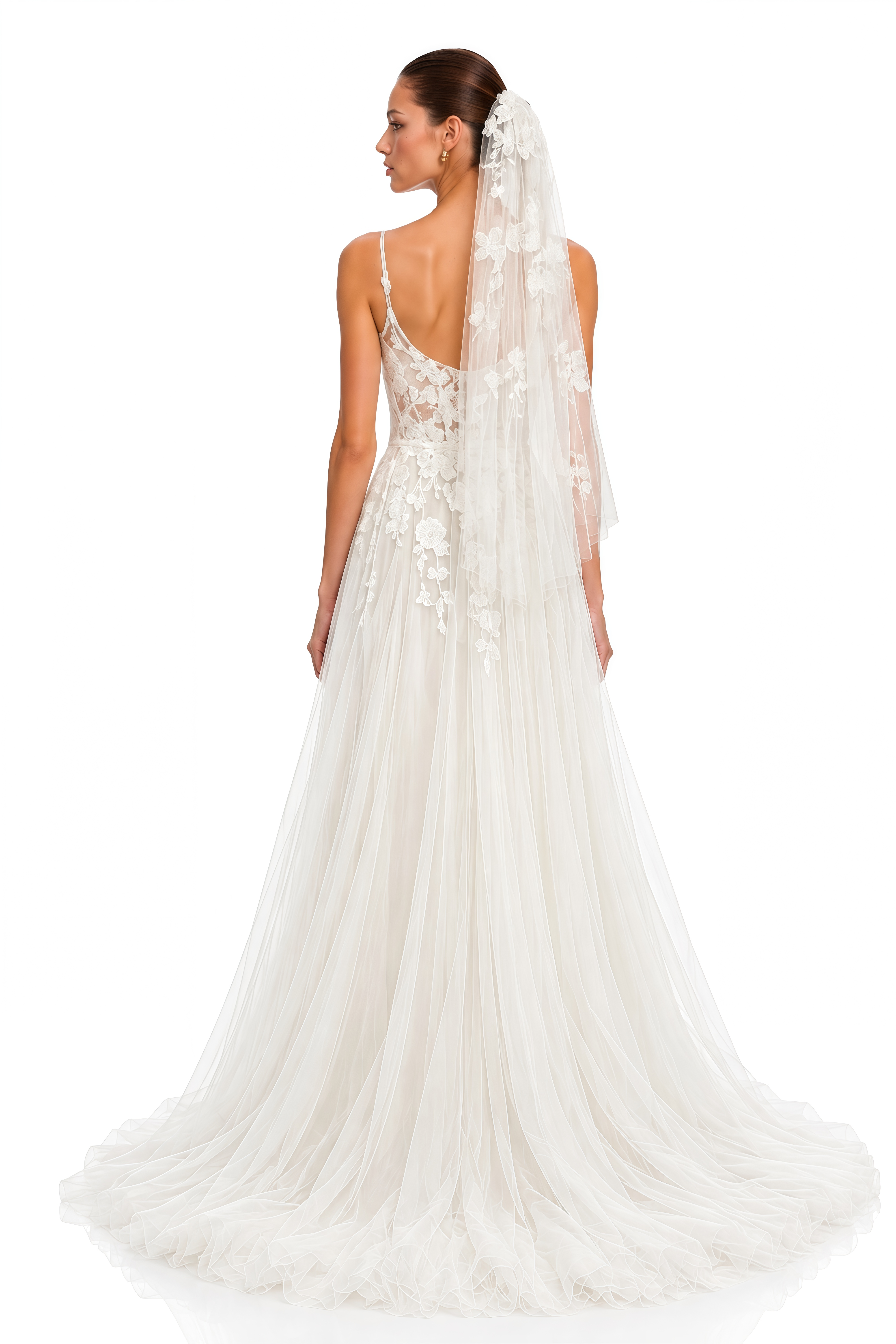 Rosine White Floral Appliqué Spaghetti Strap Tulle Maxi Dress