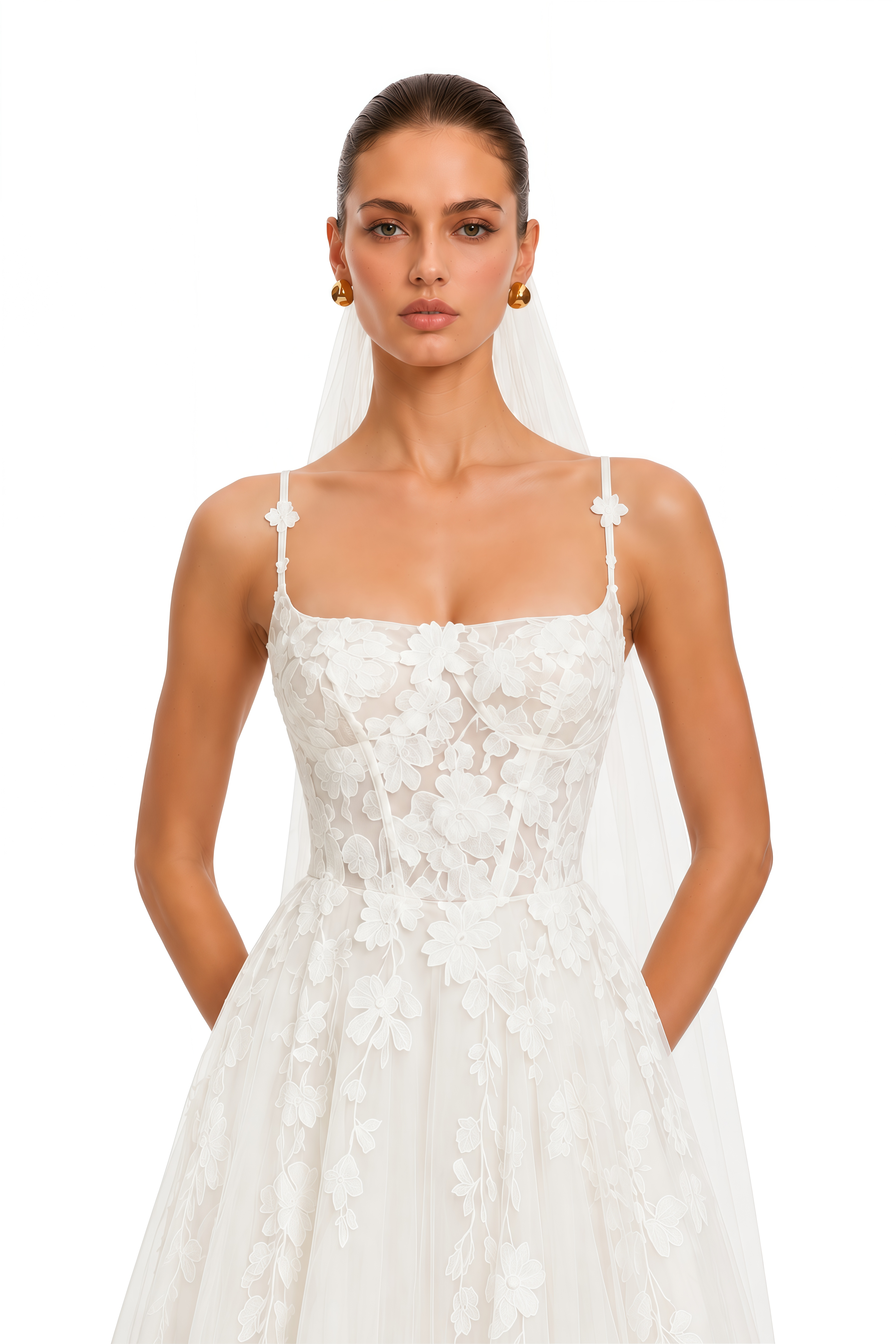 Rosine White Floral Appliqué Spaghetti Strap Tulle Maxi Dress