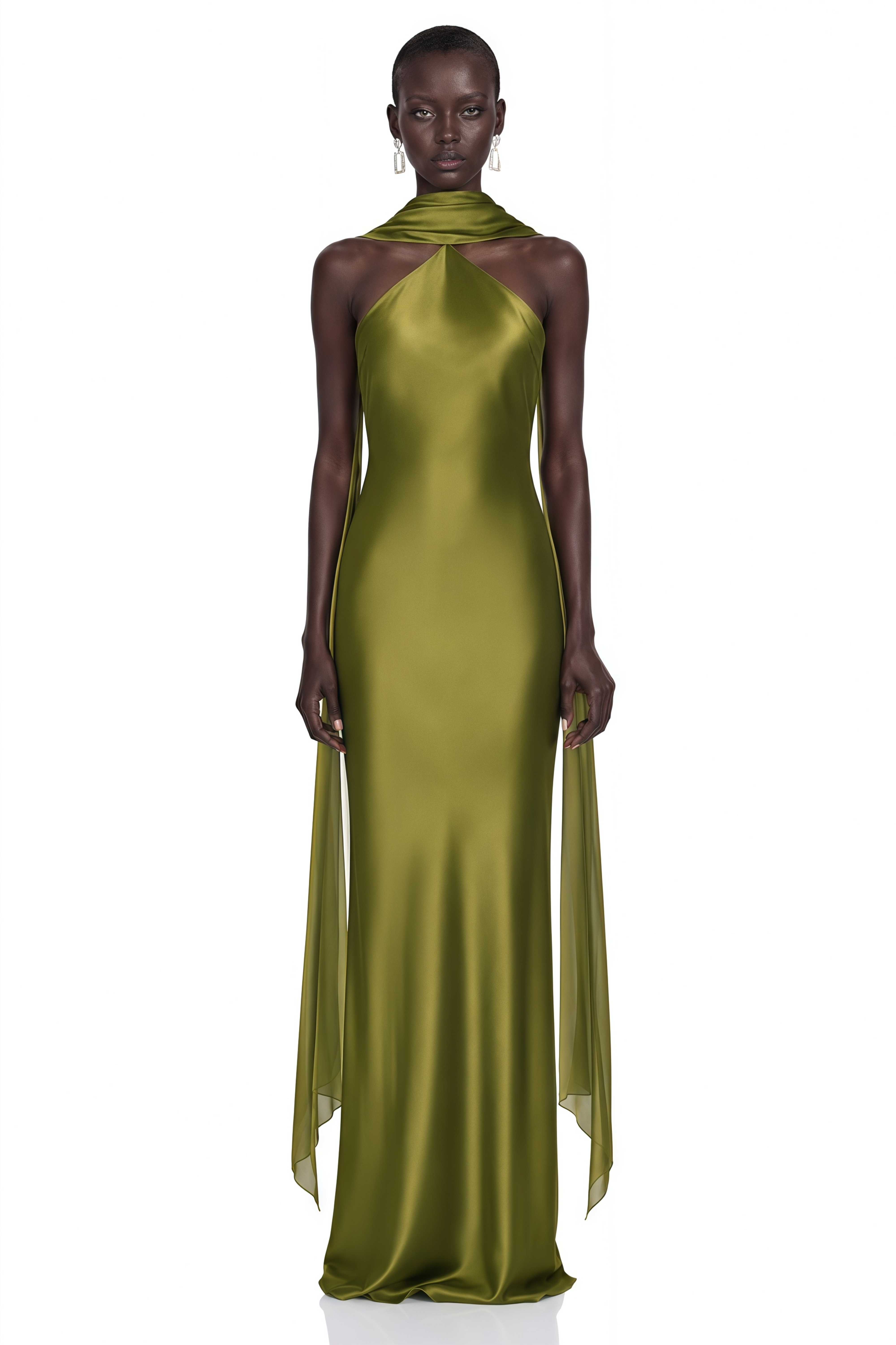 Rowena Olive Green Halterneck Maxi Dress With Scarf