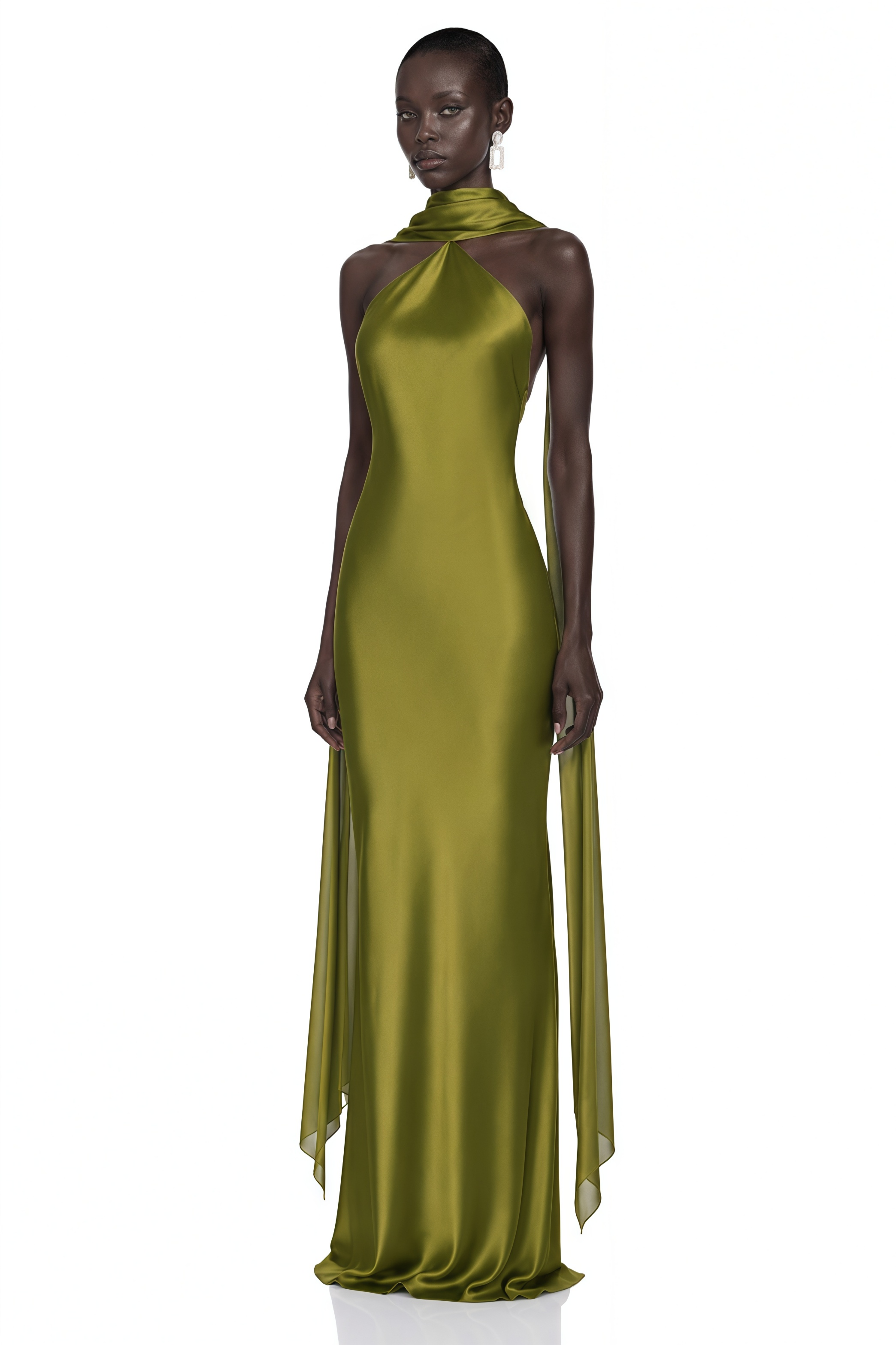 Rowena Olive Green Halterneck Maxi Dress With Scarf