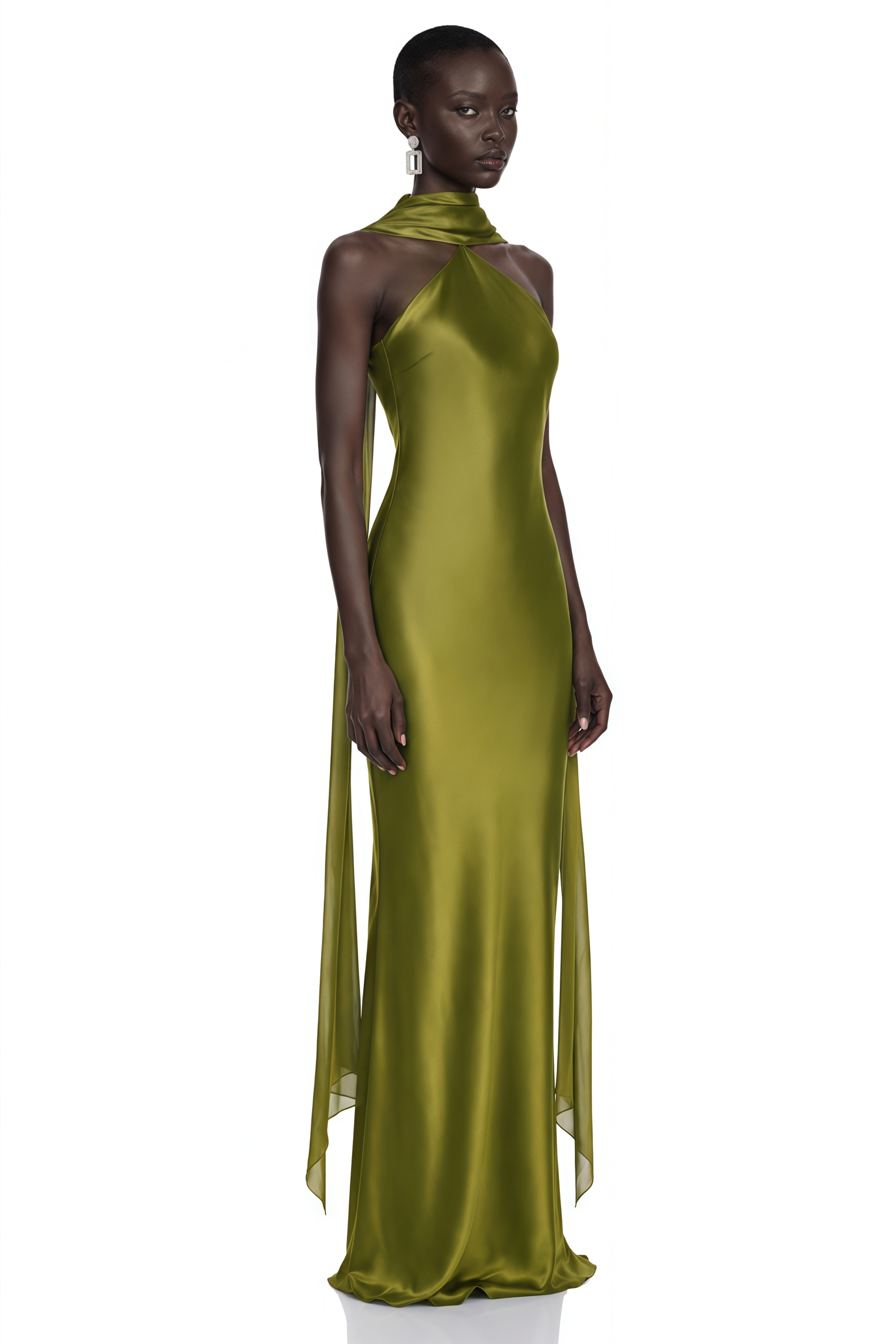 Rowena Olive Green Halterneck Maxi Dress With Scarf