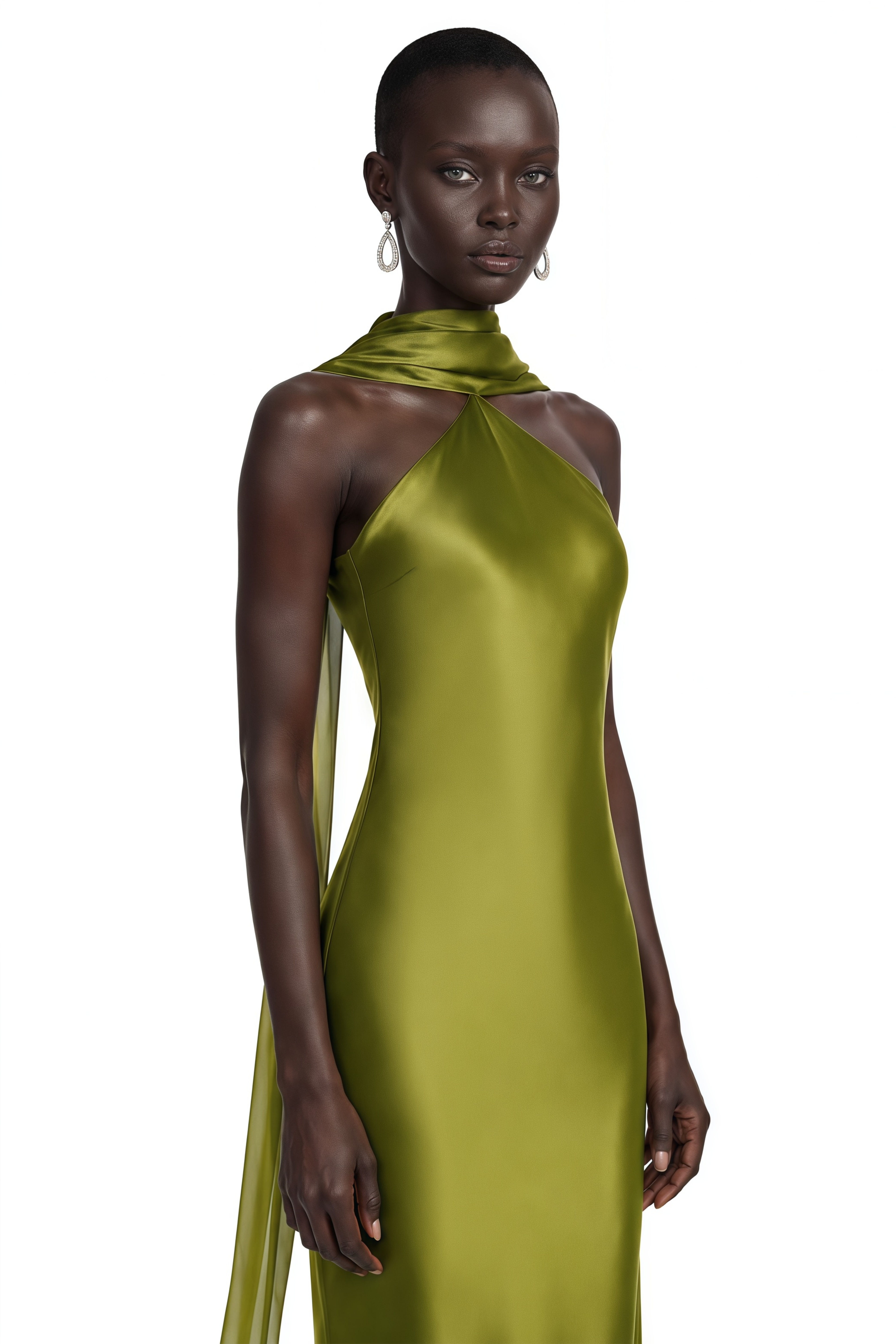 Rowena Olive Green Halterneck Maxi Dress With Scarf