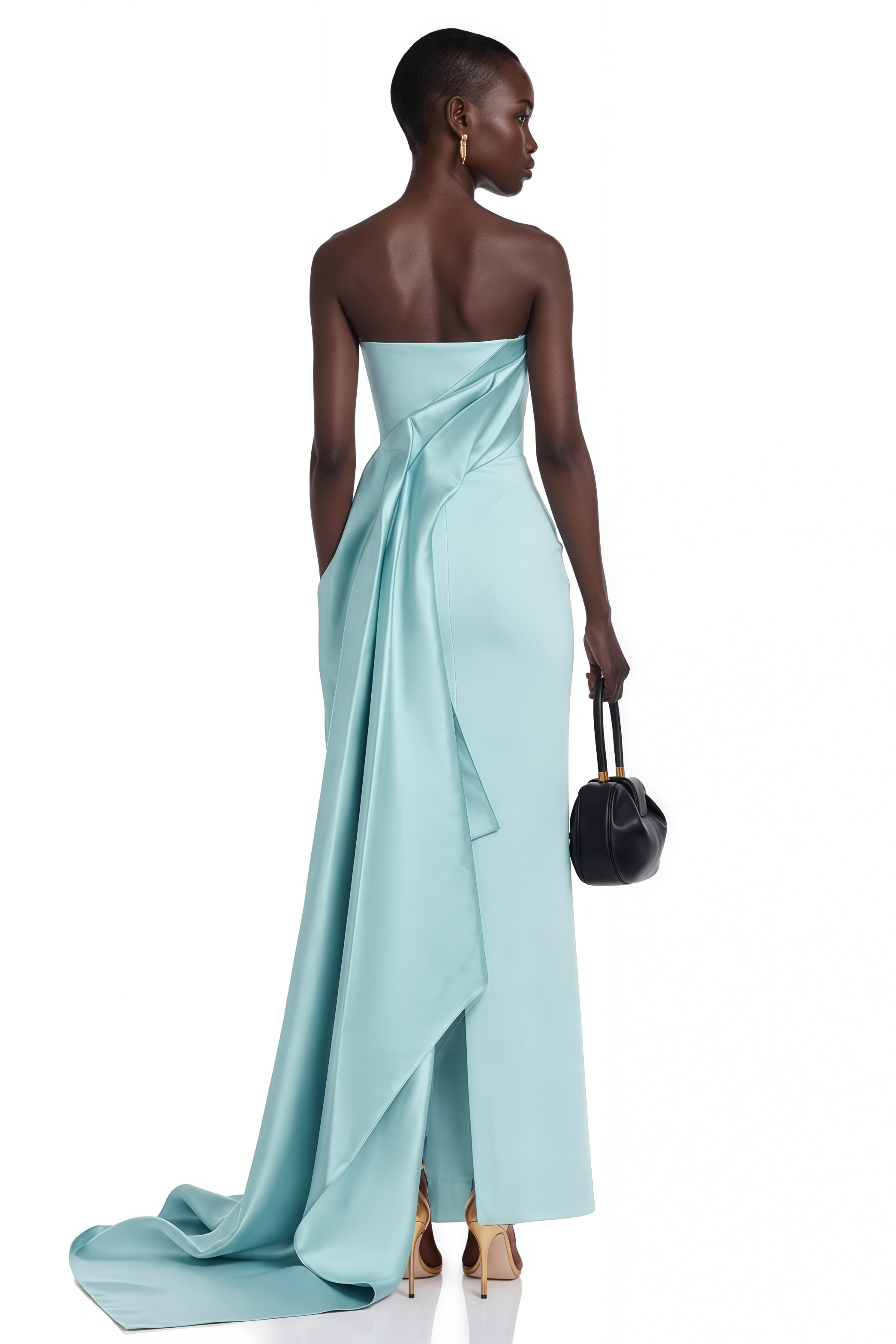 Roxanne Blue Strapless Draped Satin Maxi Dress