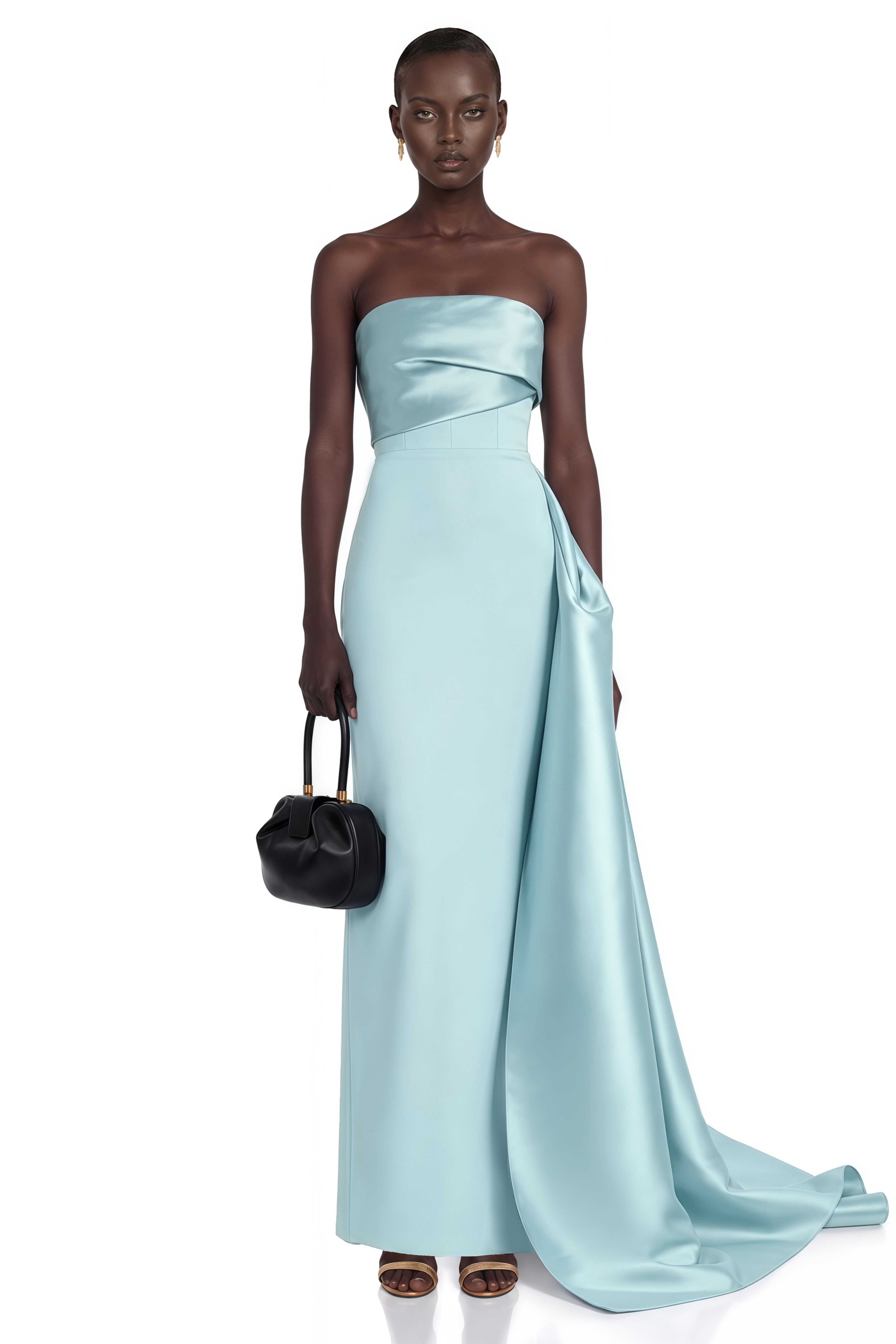 Roxanne Blue Strapless Draped Satin Maxi Dress