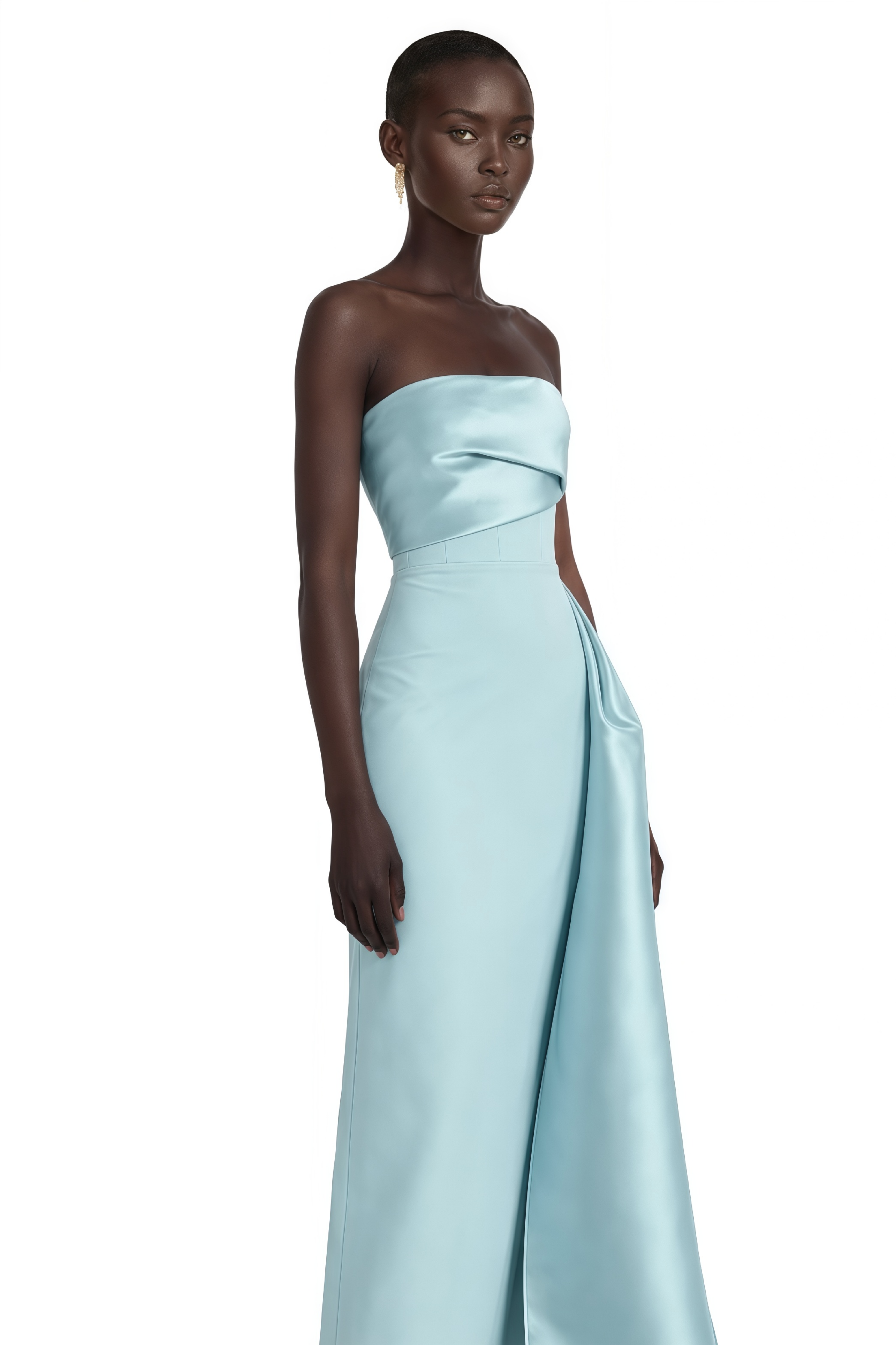 Roxanne Blue Strapless Draped Satin Maxi Dress