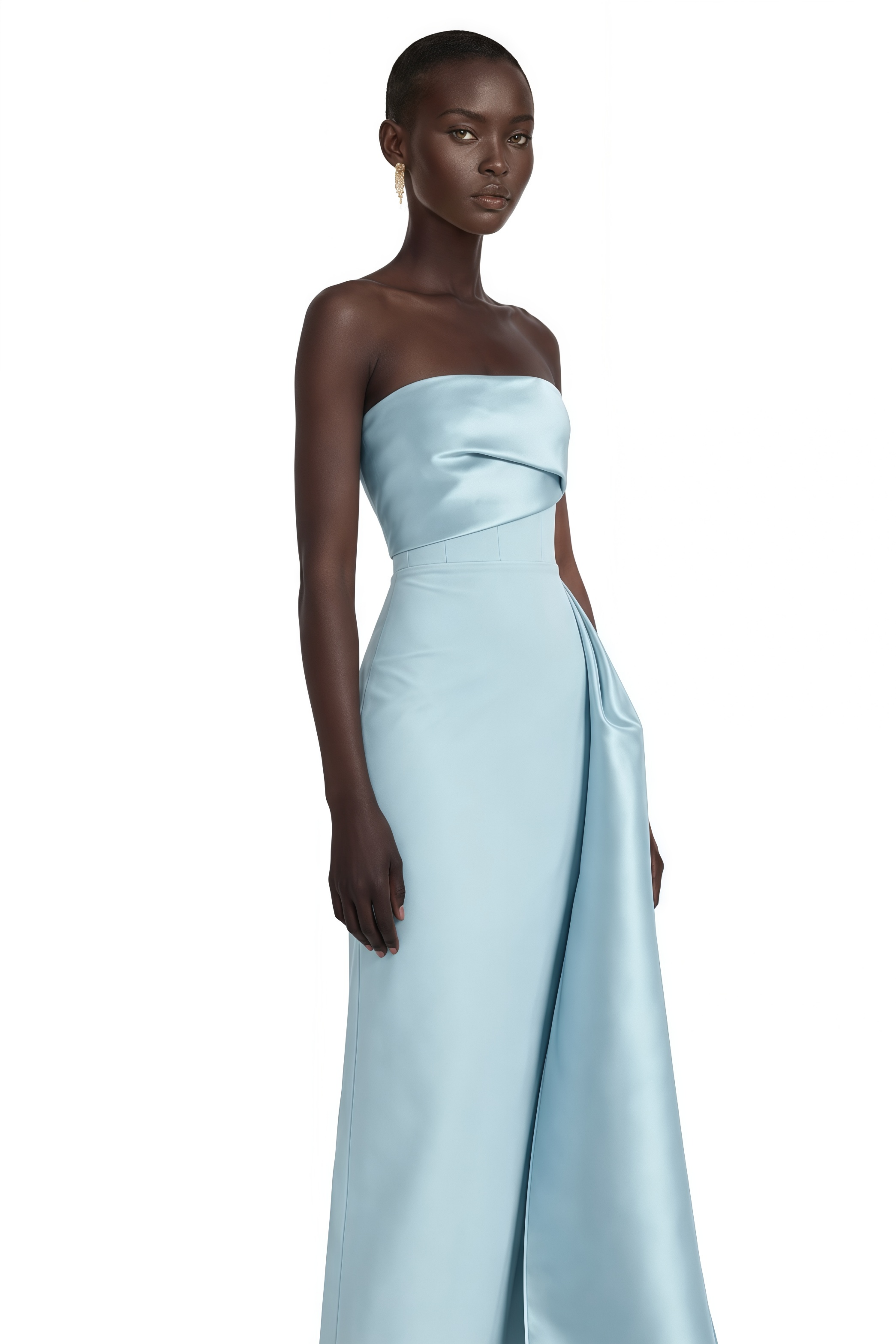 Roxanne Blue Strapless Draped Satin Maxi Dress