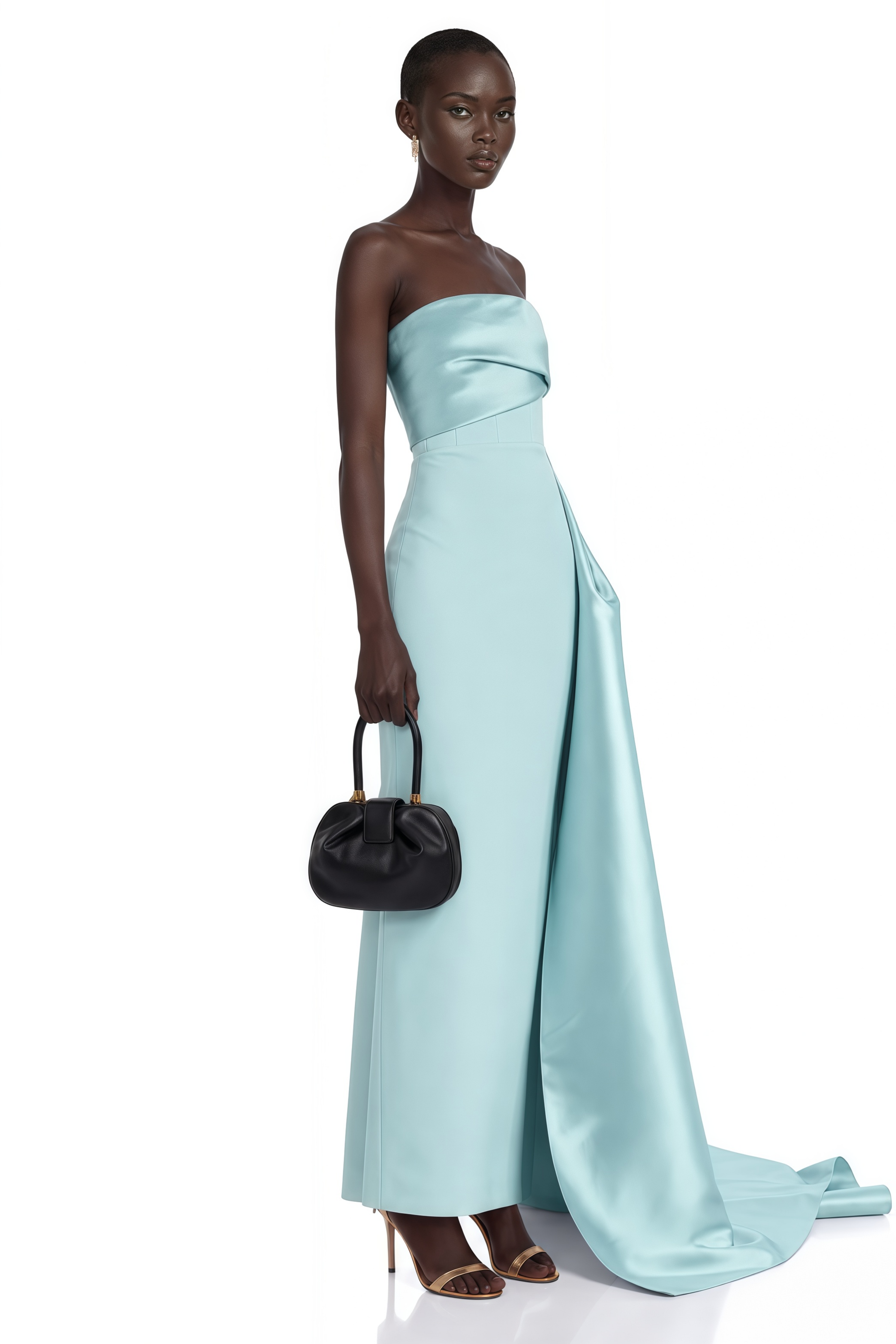 Roxanne Blue Strapless Draped Satin Maxi Dress