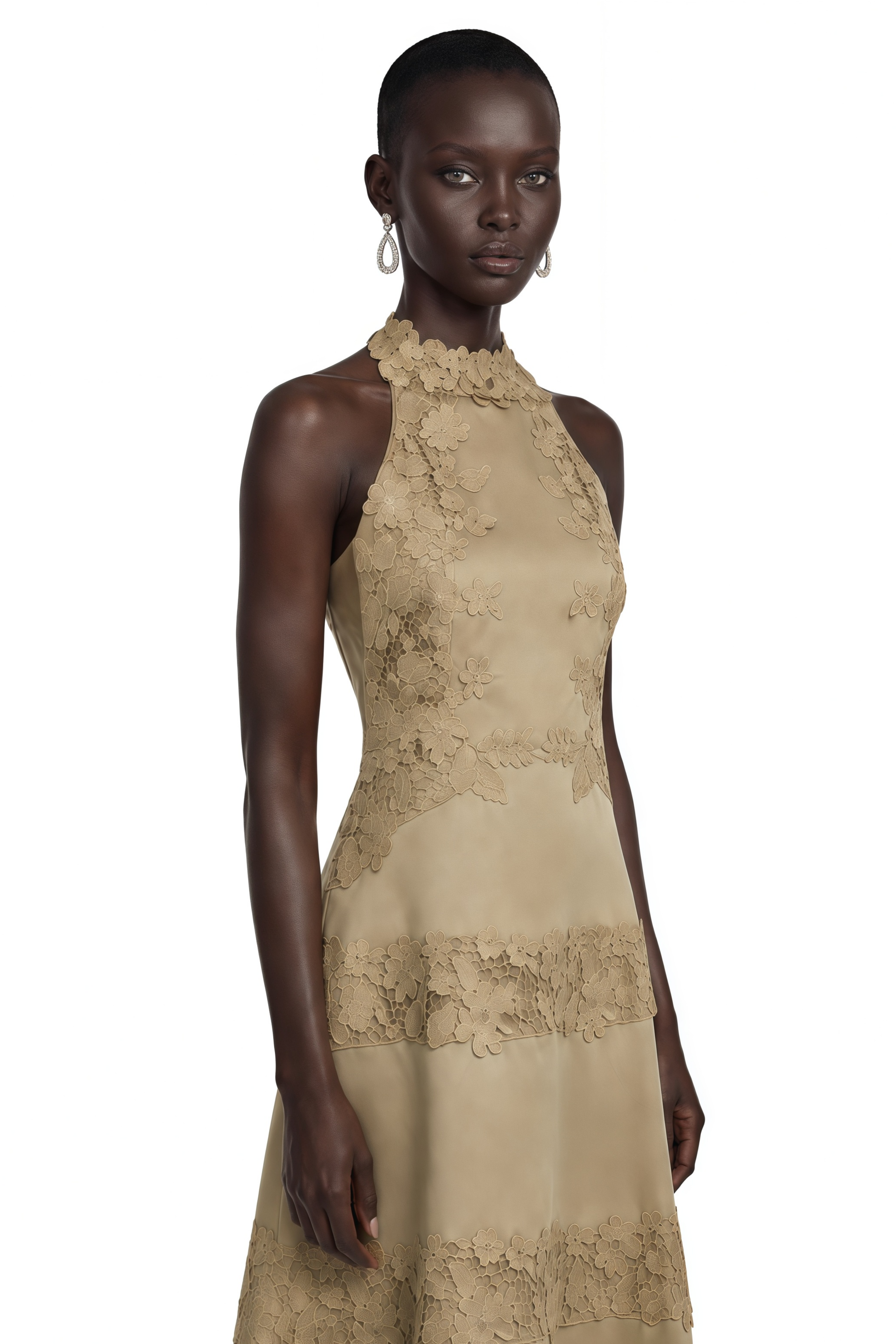 Rynlee Khaki High Neck Lace Trim Midi Dress