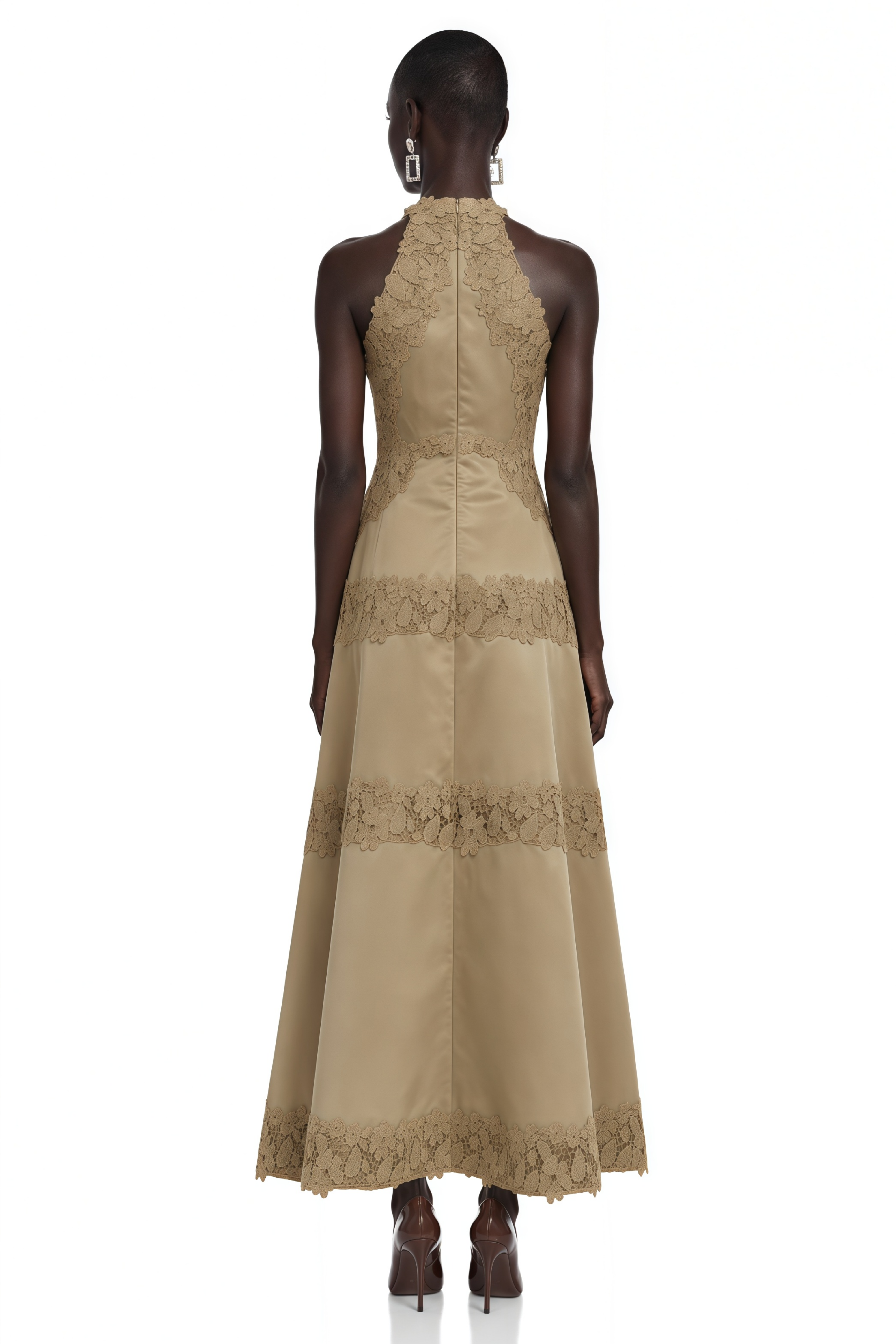 Rynlee Khaki High Neck Lace Trim Midi Dress