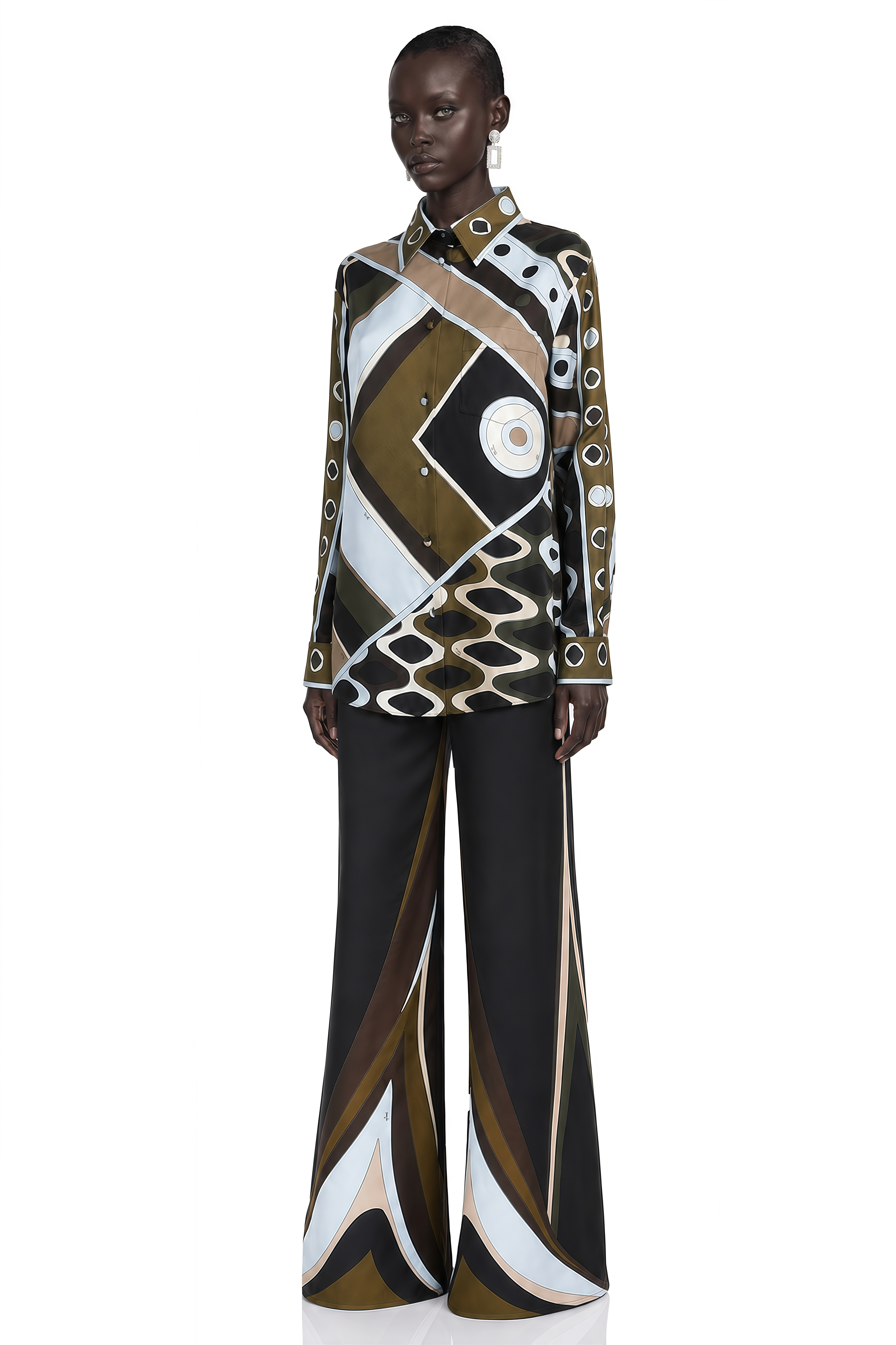 Sabella Green Abstract Print Shirt Top & Wide-Leg Trousers Set