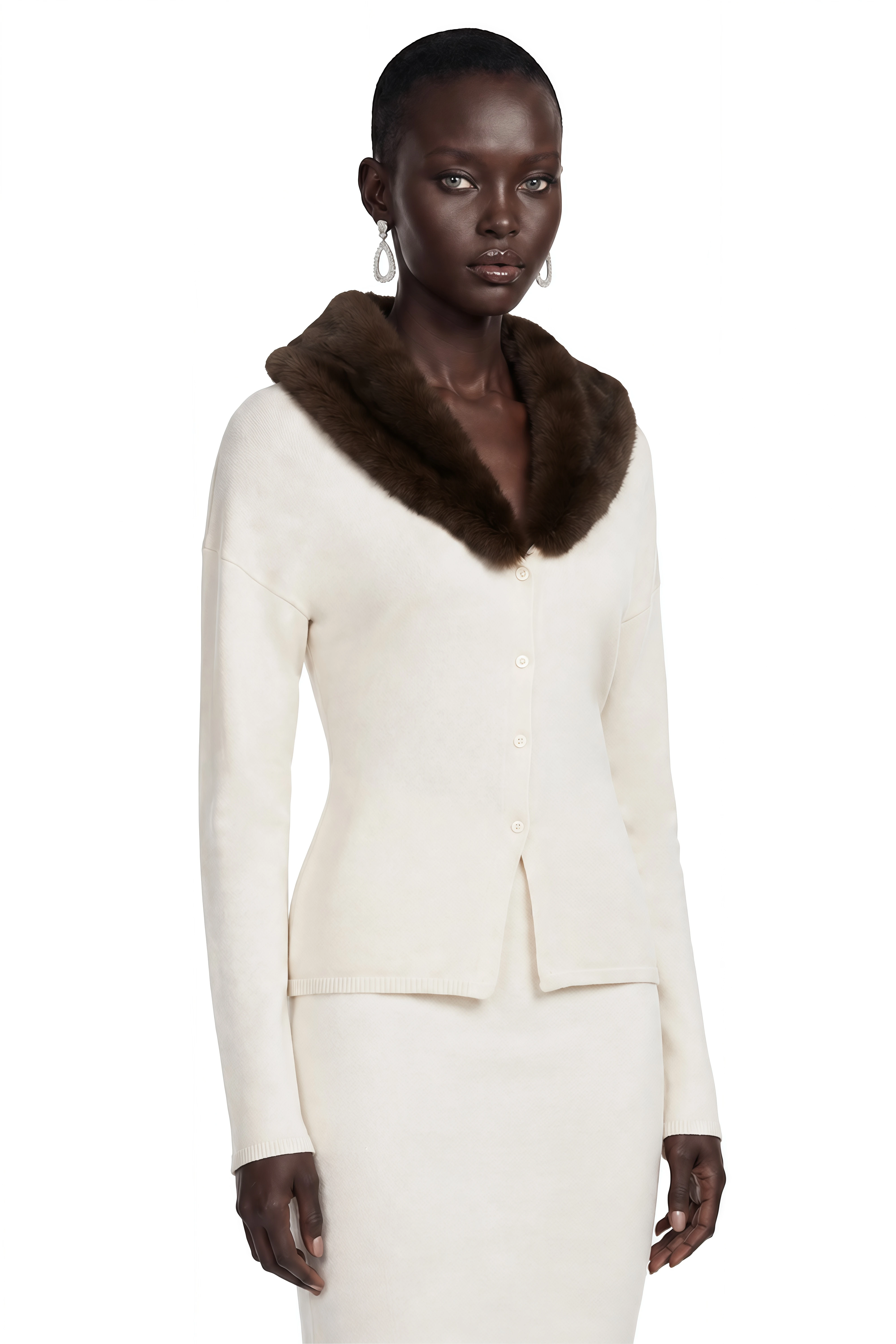 Sabina White Fur Collar Top & Midi Skirt Set