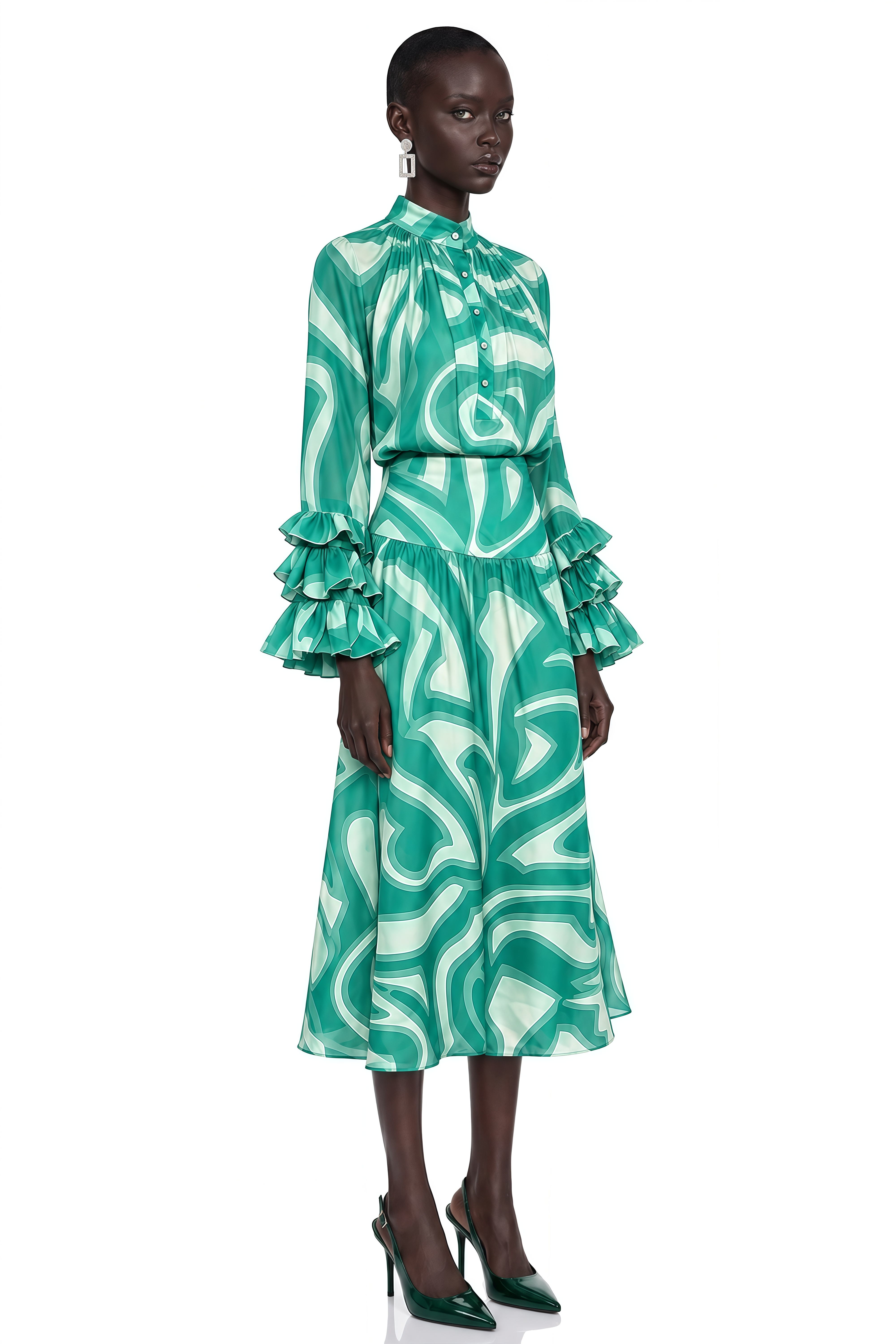 Sabine Green Abstract Print Long Sleeve Blouse & Midi Skirt Set