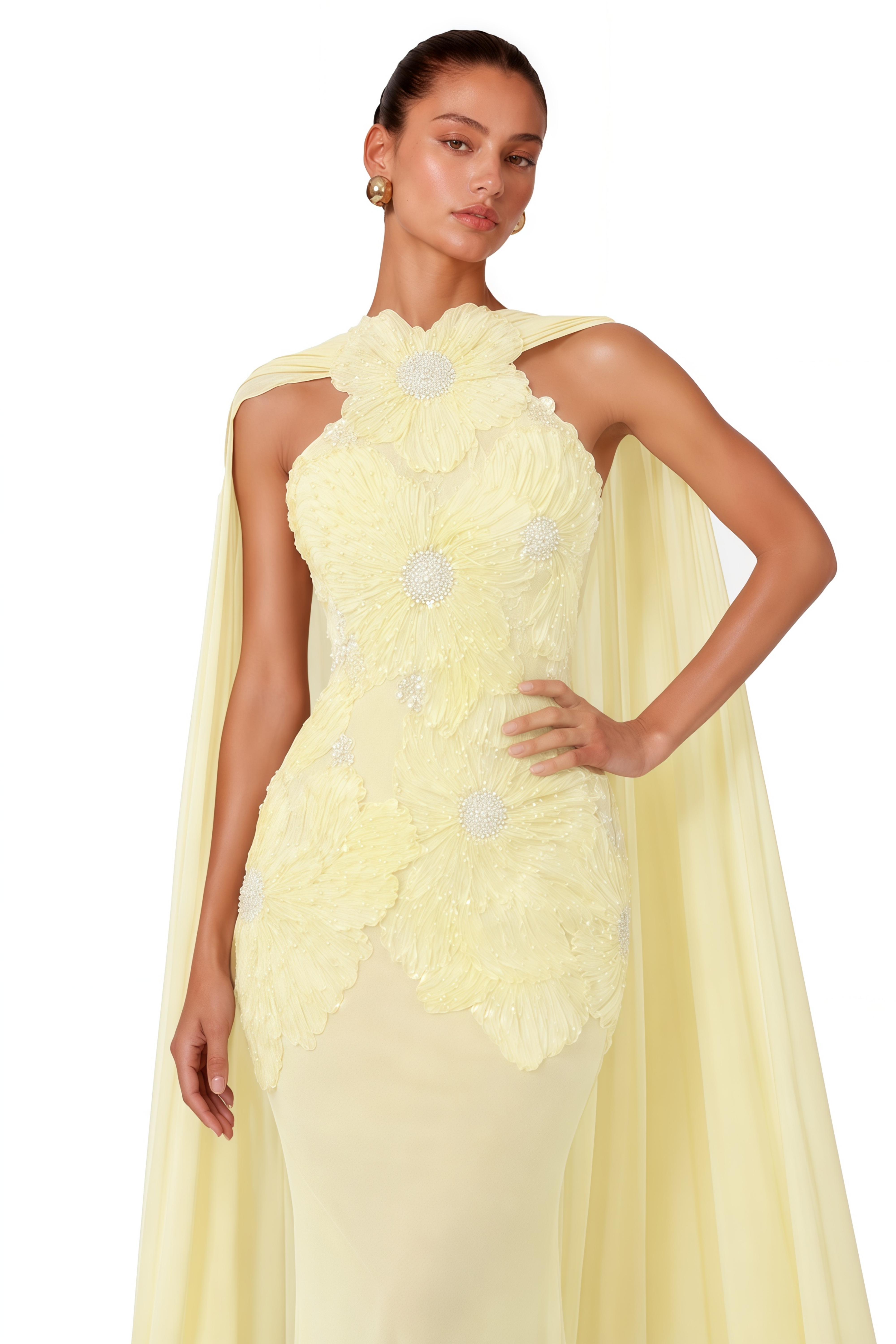 Sabine Yellow Halterneck Maxi Dress with Floral Applique