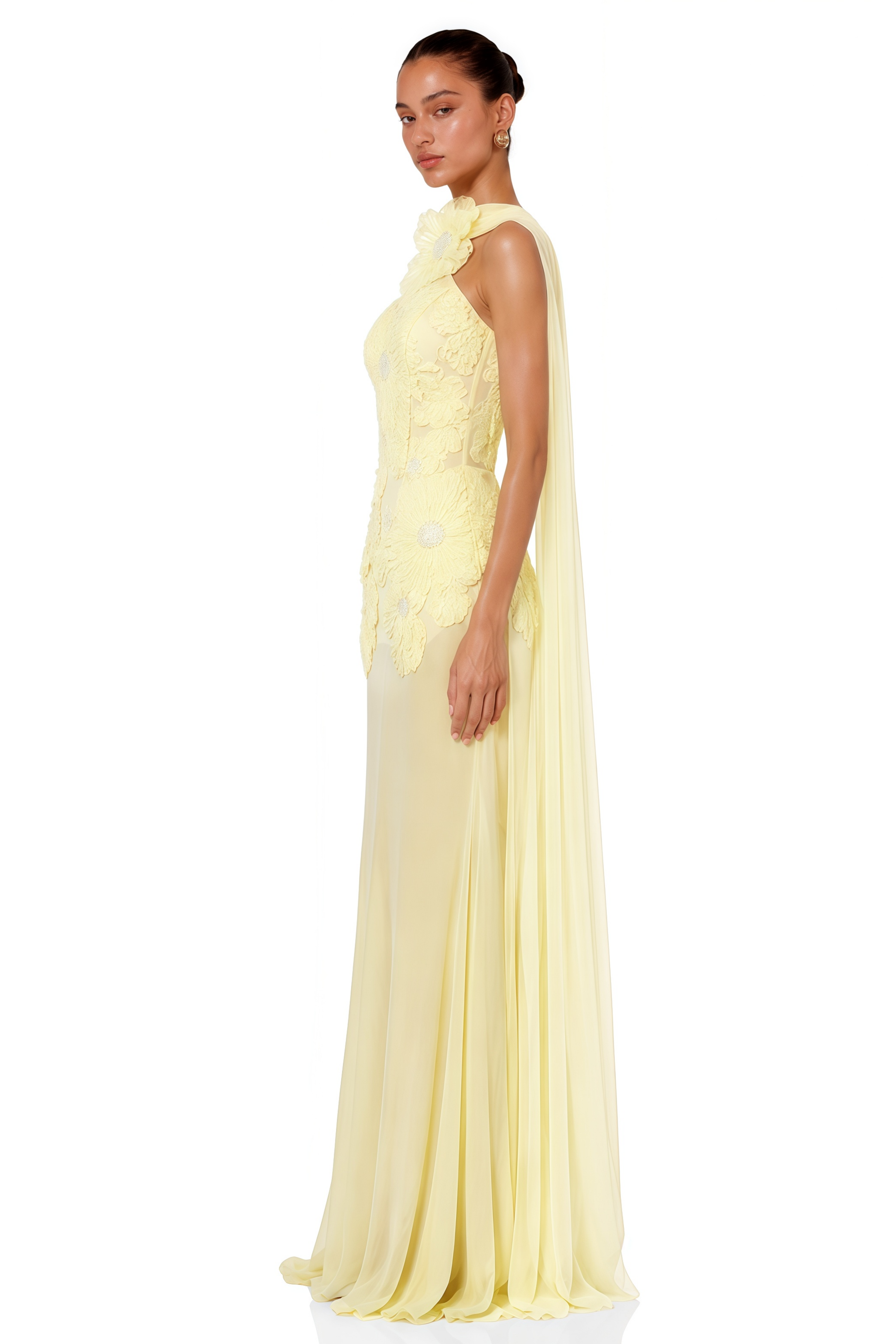 Sabine Yellow Halterneck Maxi Dress with Floral Applique
