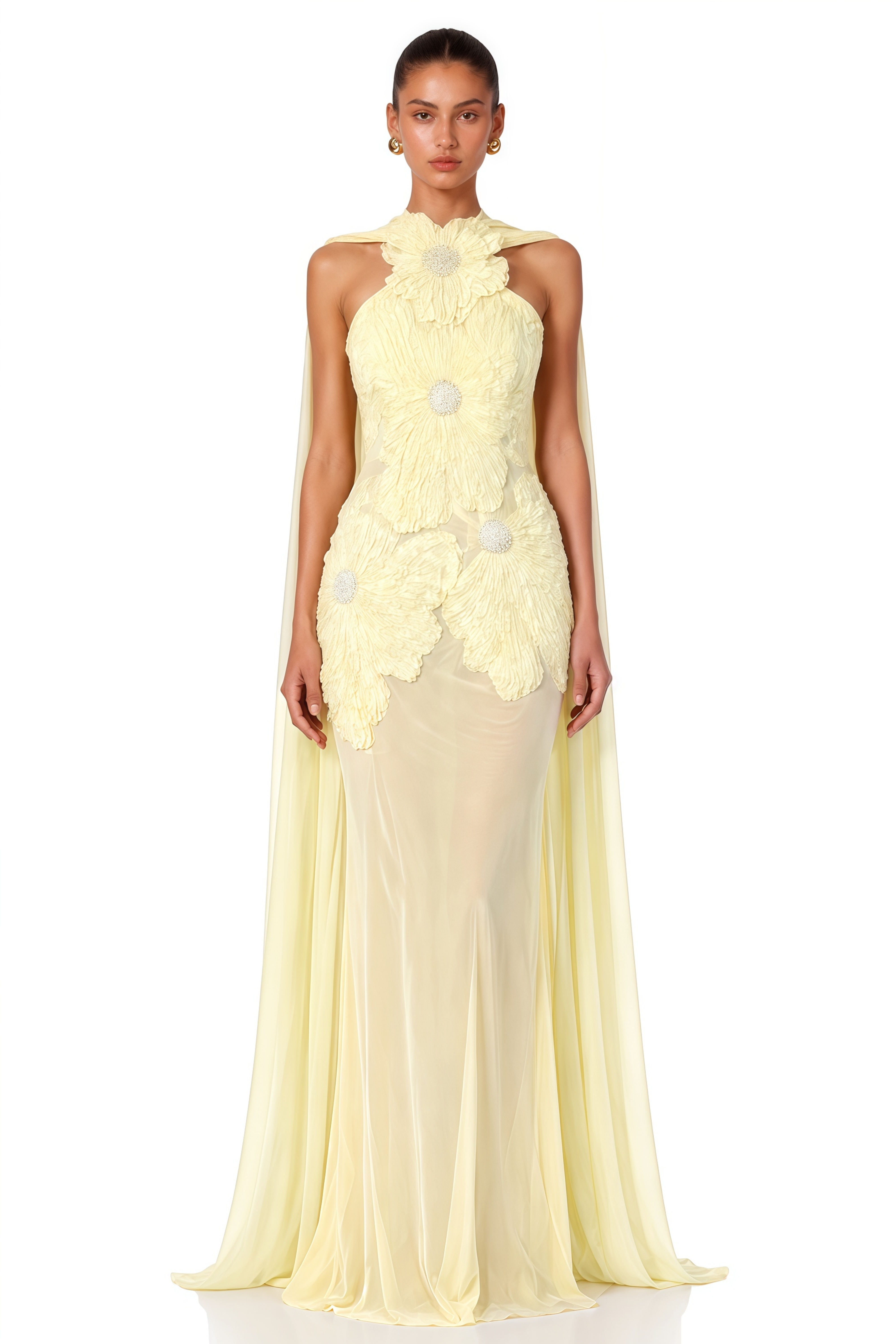 Sabine Yellow Halterneck Maxi Dress with Floral Applique