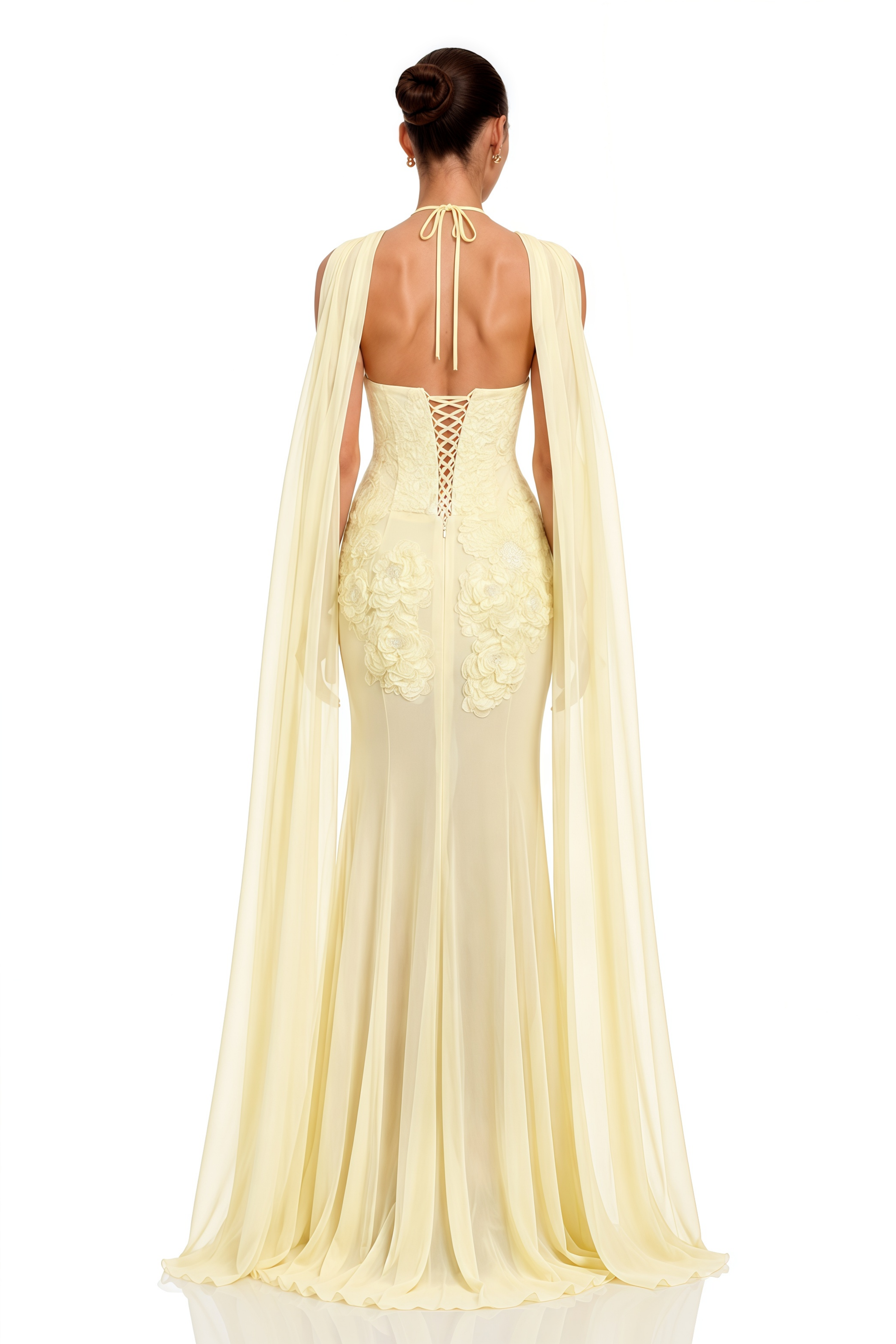 Sabine Yellow Halterneck Maxi Dress with Floral Applique