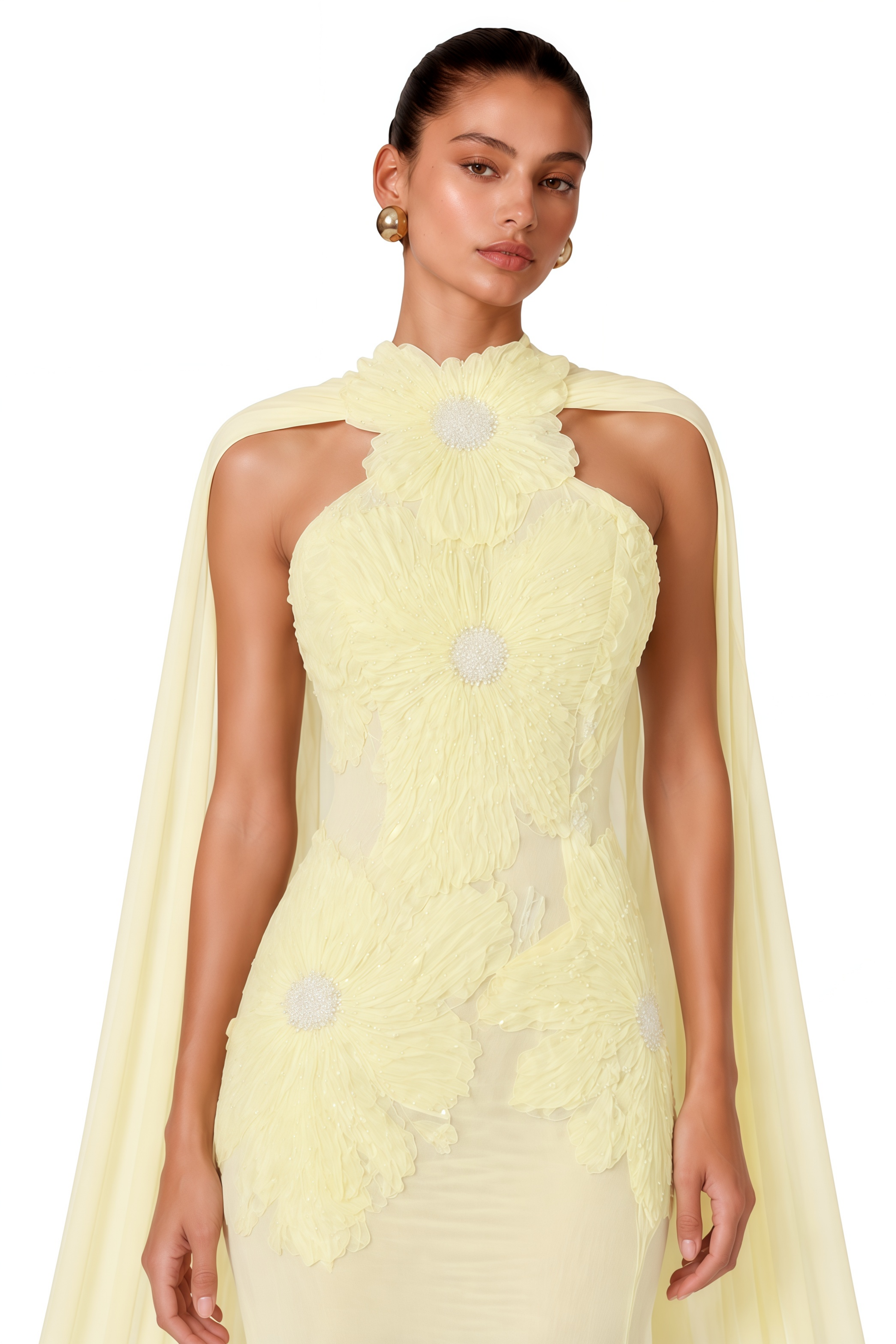 Sabine Yellow Halterneck Maxi Dress with Floral Applique