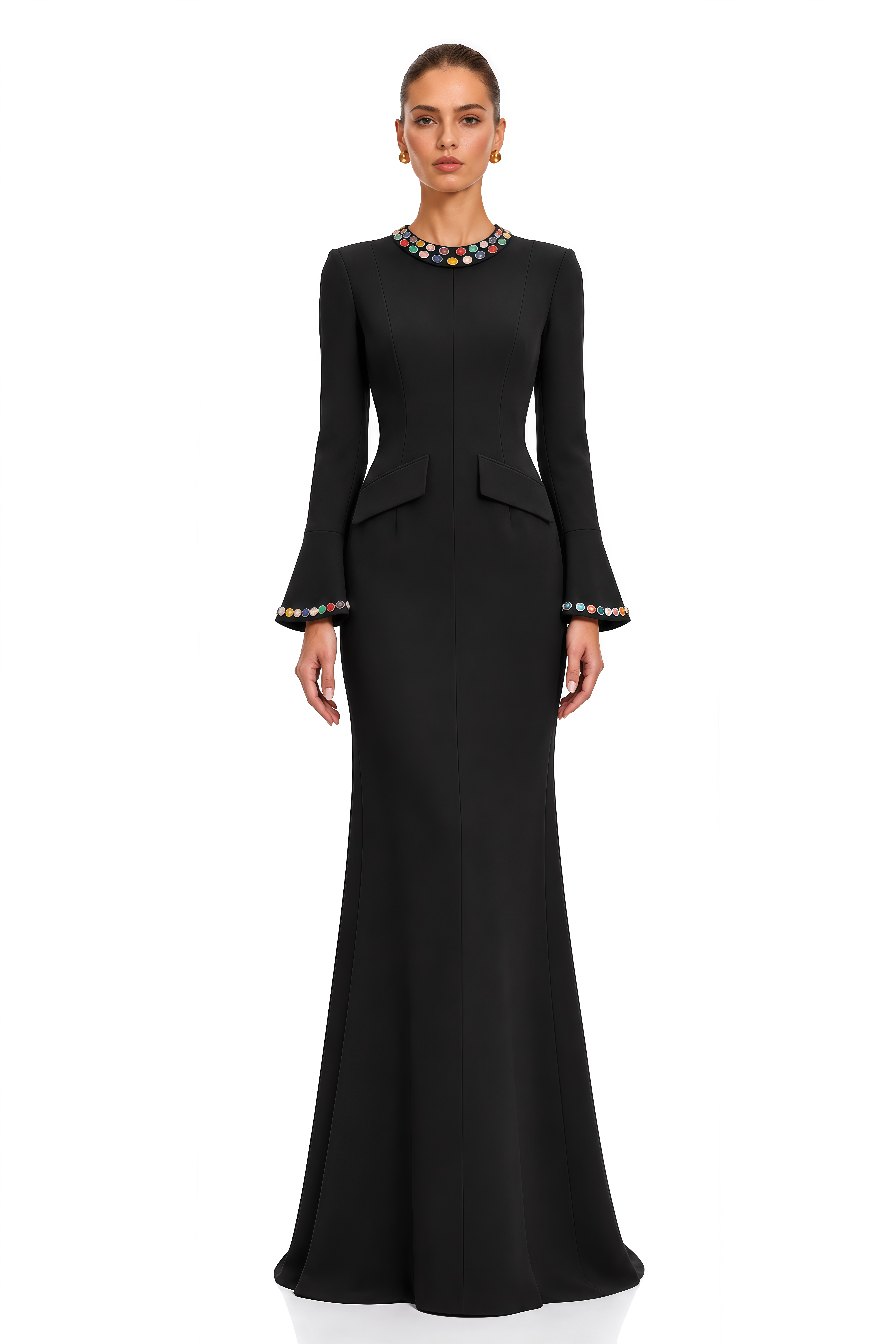 Sabrielle Black Jewel Trim Flared Sleeve Maxi Dress
