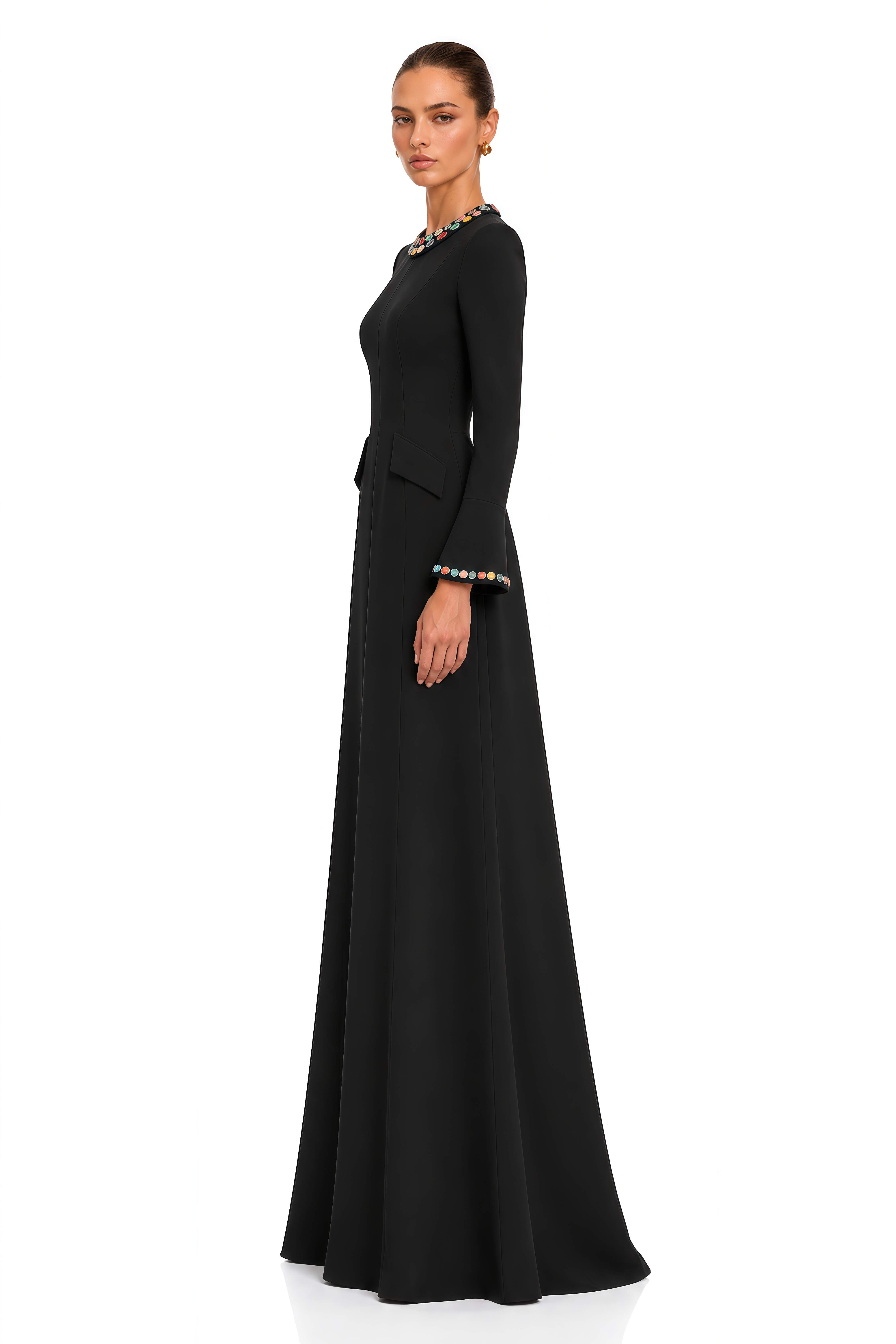 Sabrielle Black Jewel Trim Flared Sleeve Maxi Dress