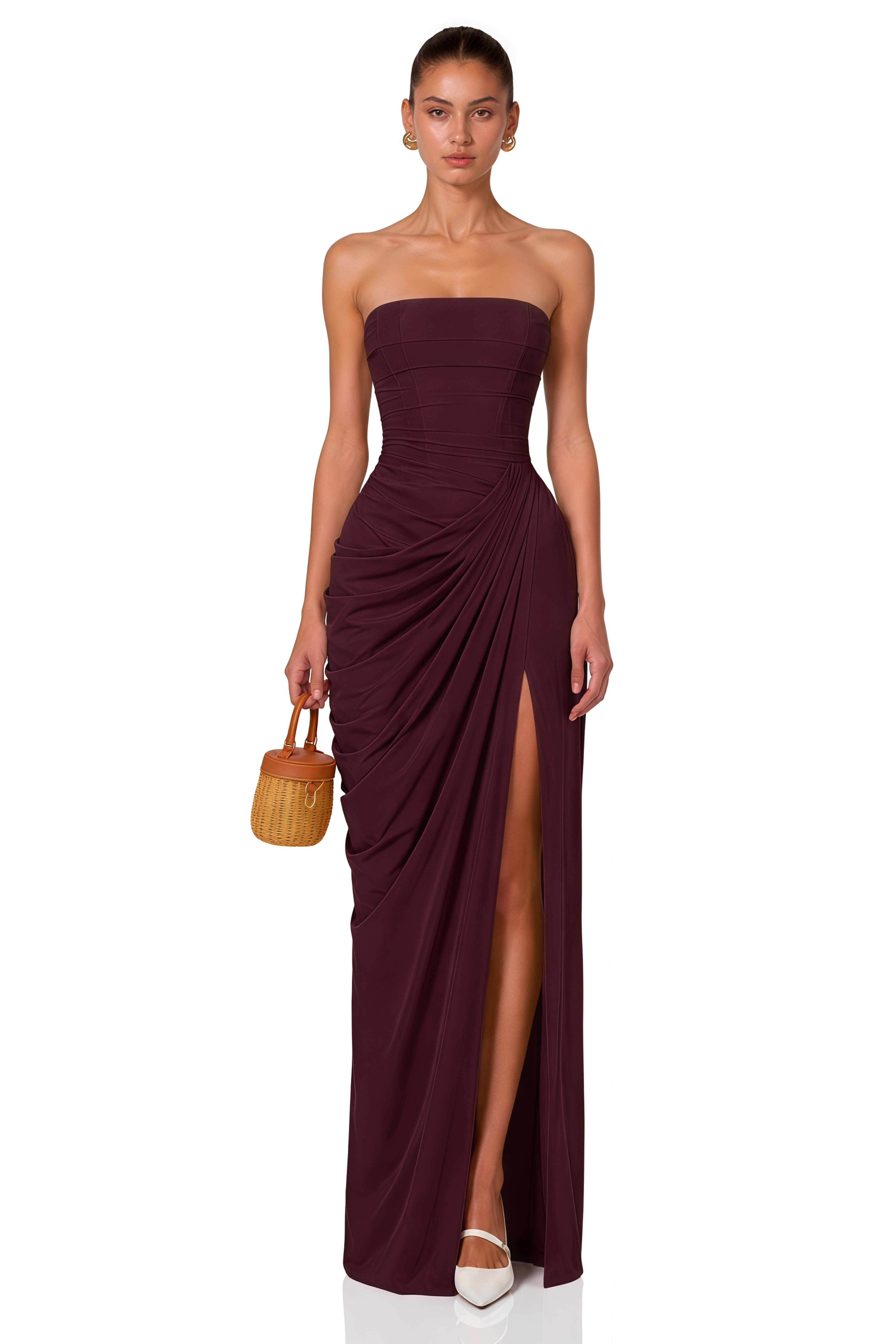 Safiya Brown Ruched Maxi Dress with Cross Front